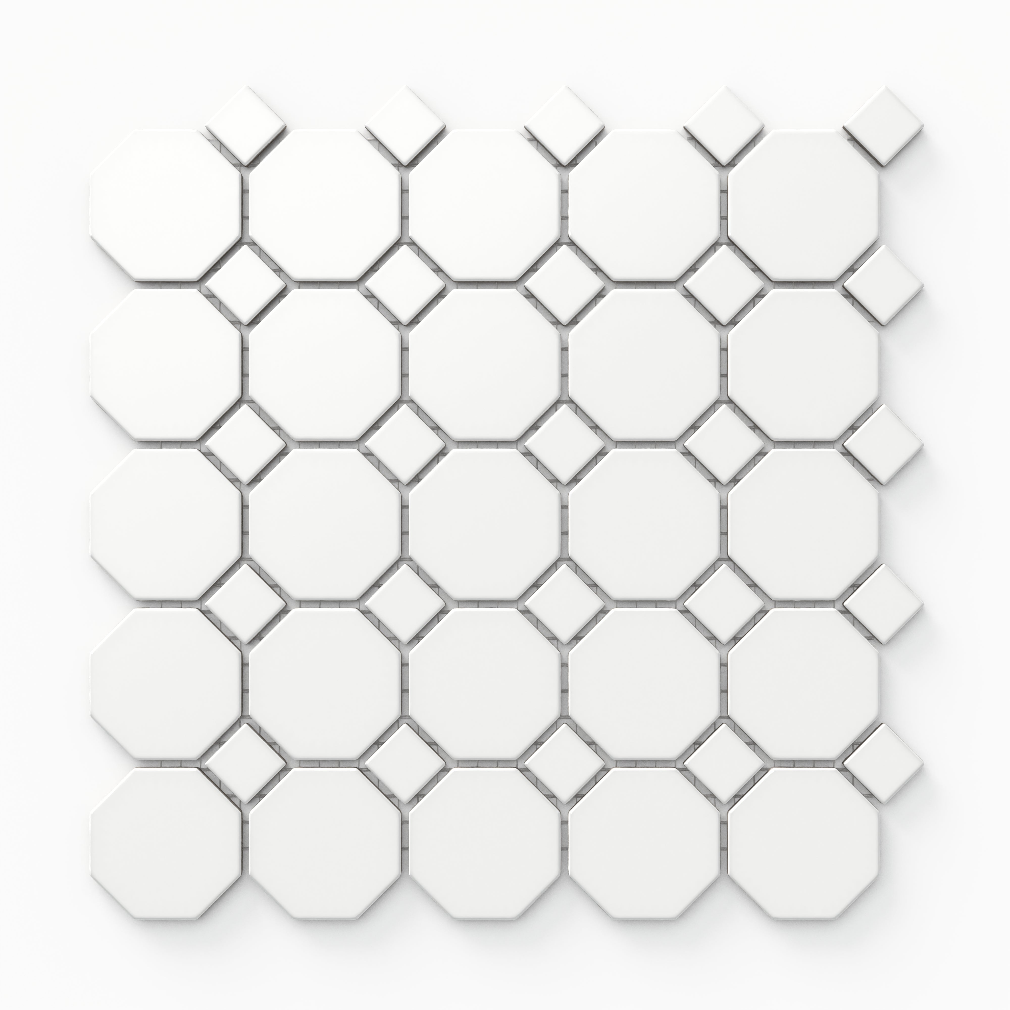 With their matte white finish and square detailing, the octagon mosaic tiles present a sophisticated, versatile pattern that suits both modern and traditional spaces.