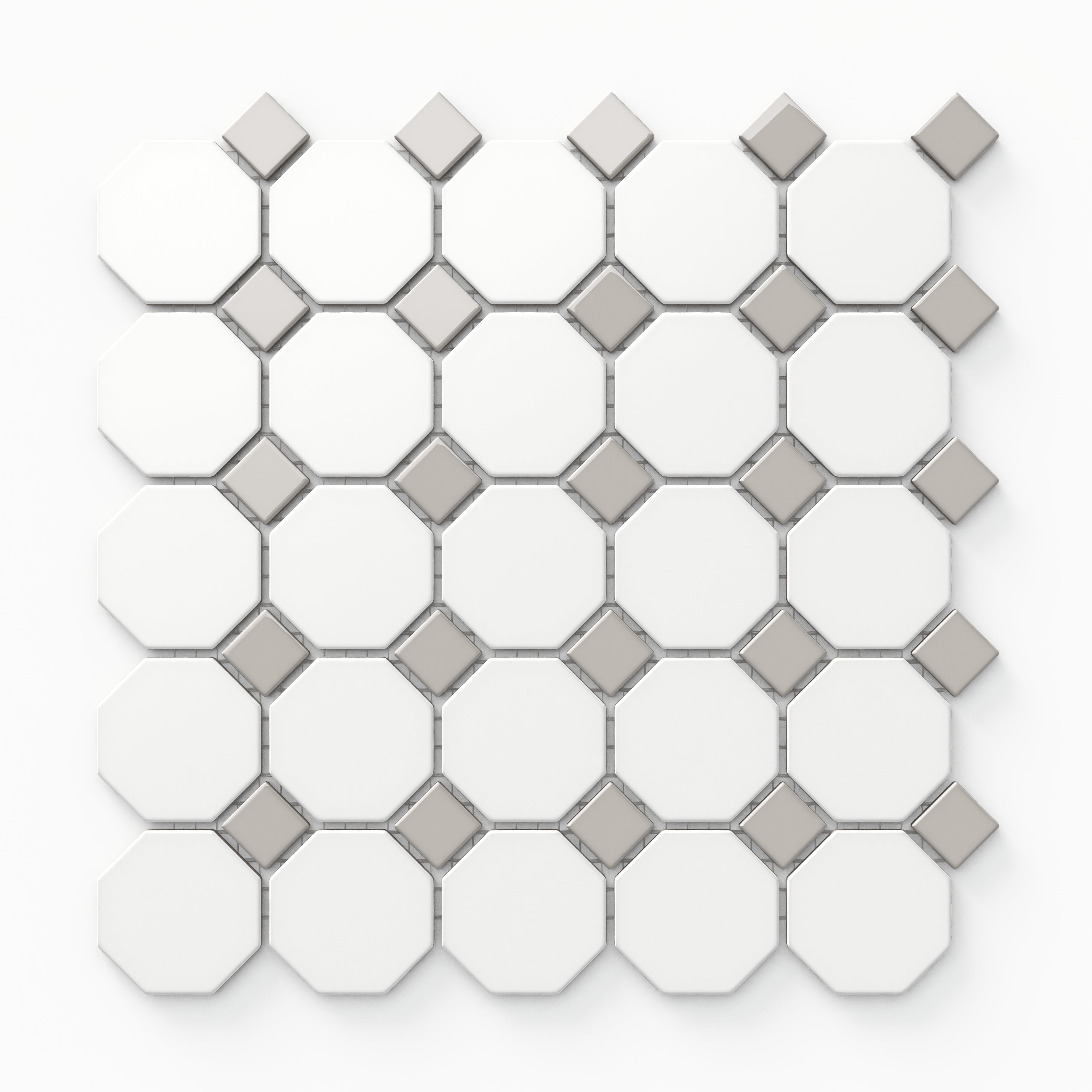 Featuring a combination of matte white and grey octagon tiles, this subtle mosaic design exudes a refined and sophisticated touch, perfect for contemporary interiors.