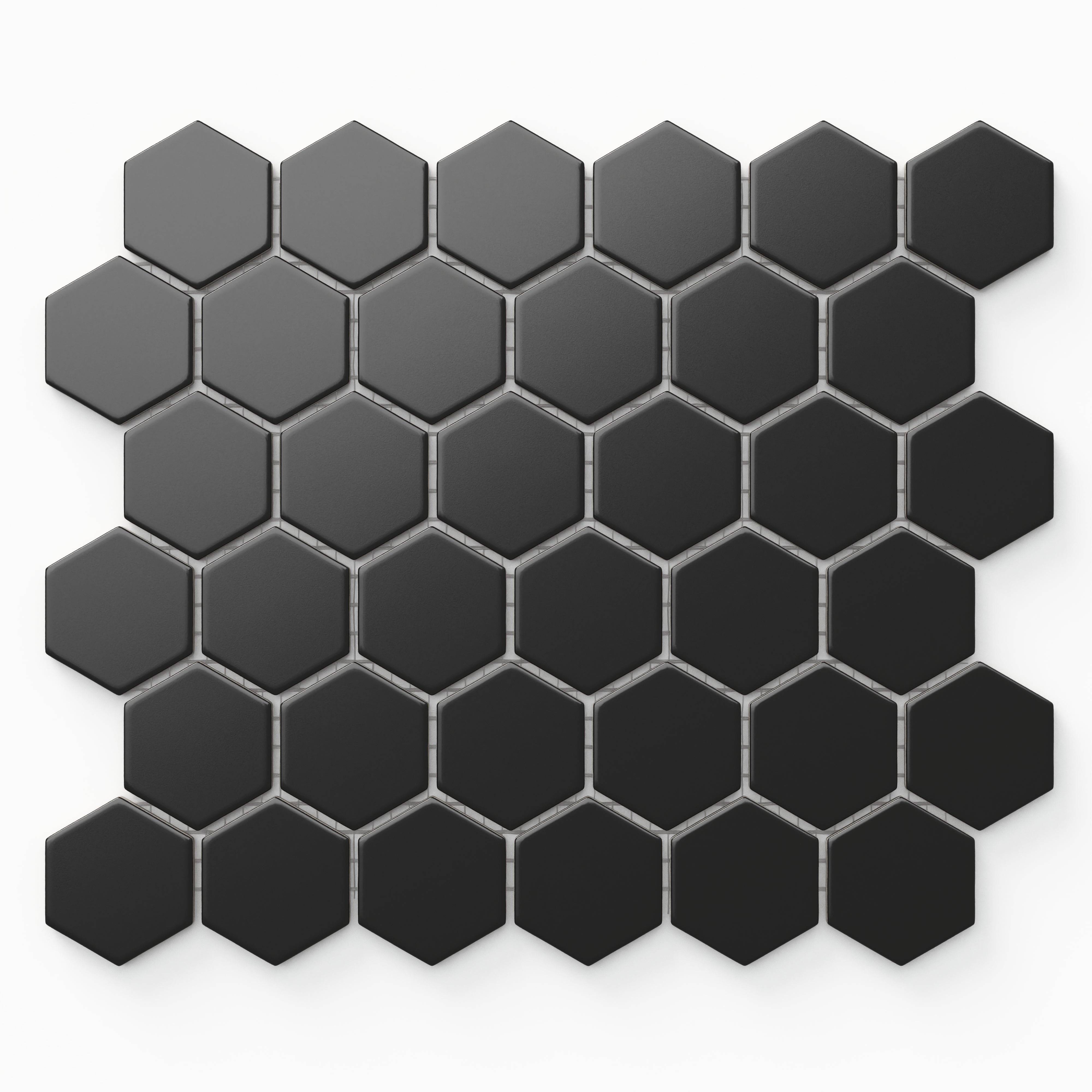 Levi black 2x2 hexagon mosaic porcelain tile with a matte finish, featuring bold geometric patterns for a sleek and modern look