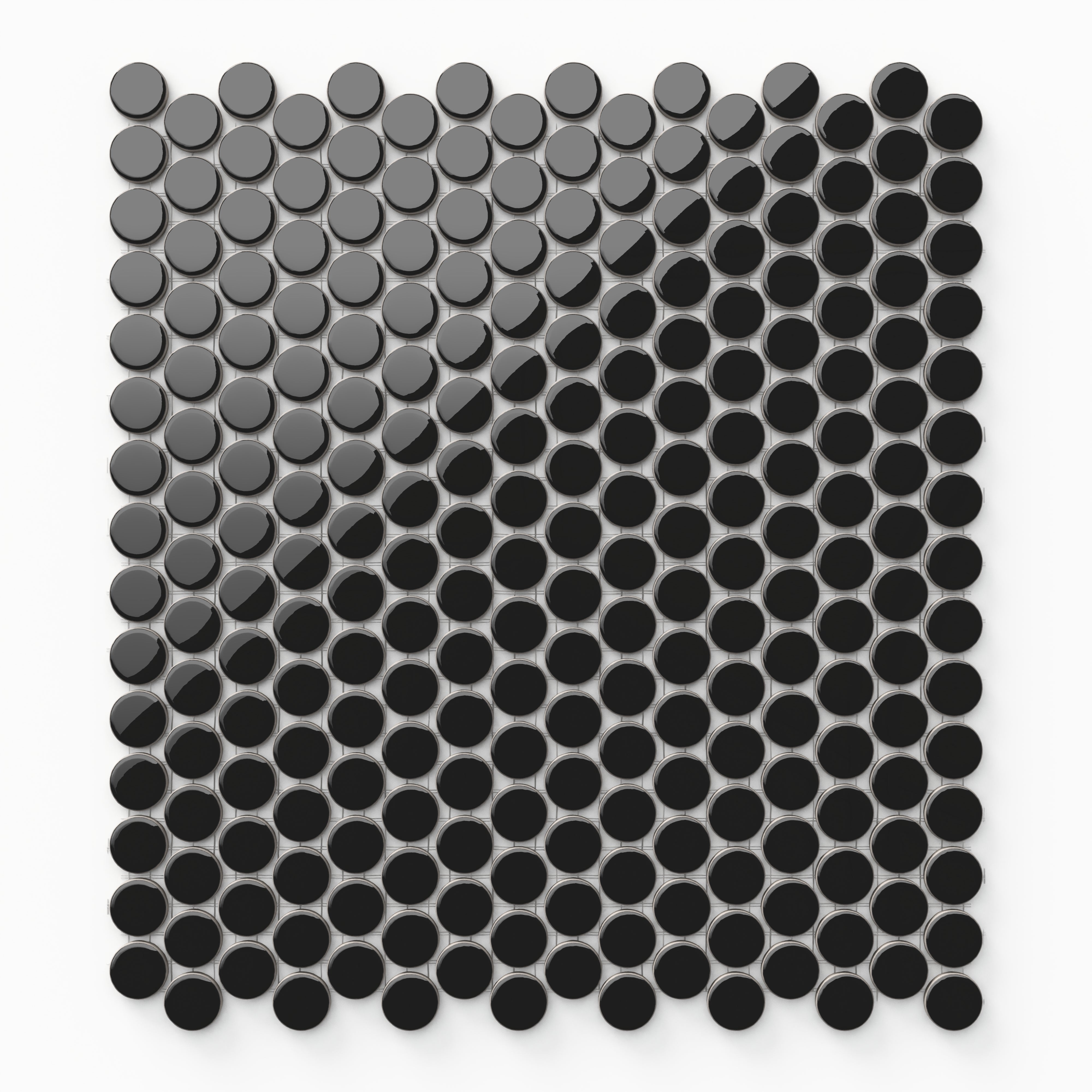 Glossy black penny round tiles in a striking mosaic, adding a sleek and modern edge with a bold, reflective finish.