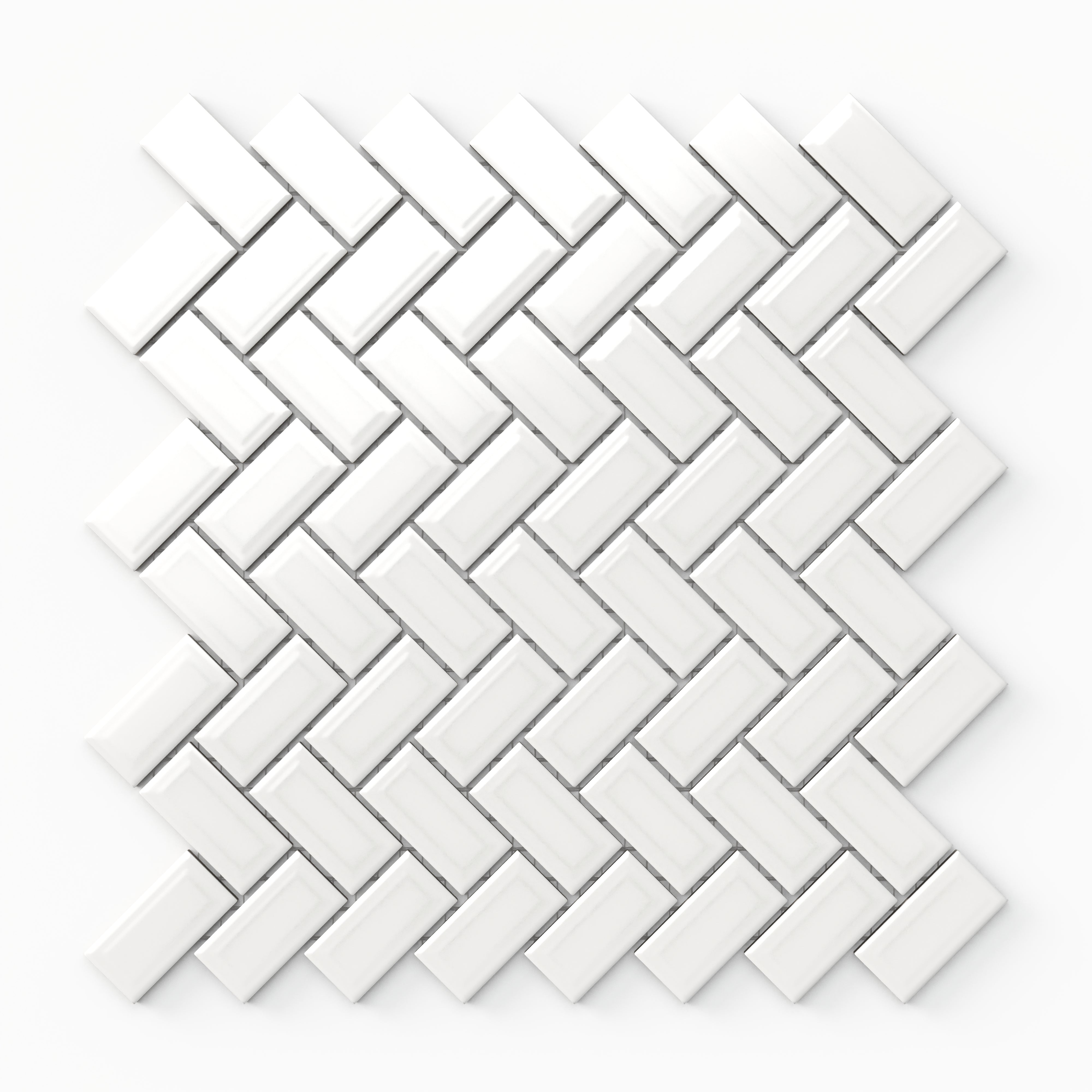 Mabel white herringbone mosaic porcelain tile with a glossy finish, offering a dynamic and elegant geometric pattern