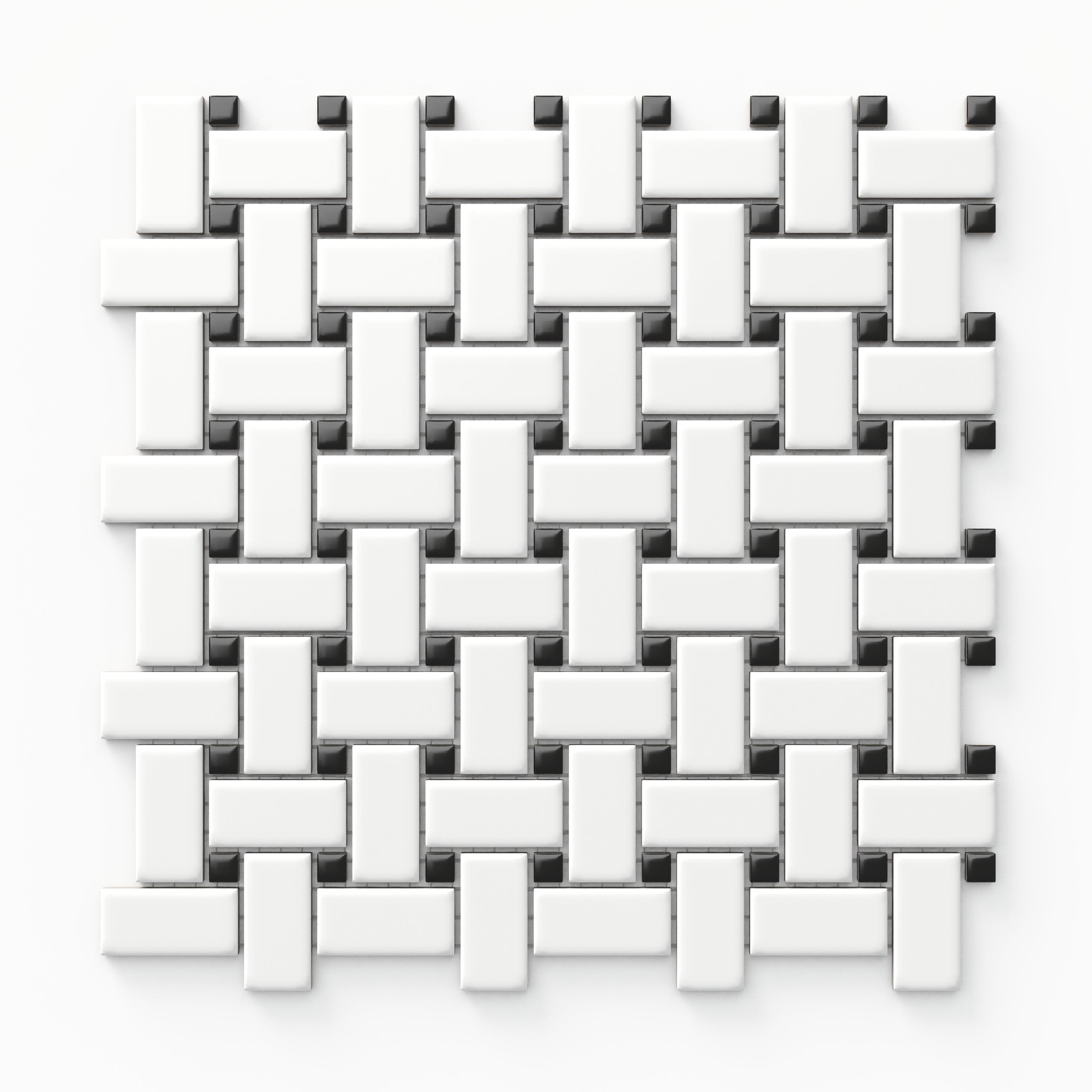 Matte black and white basketweave mosaic tiles, creating a striking yet classic pattern for walls or floors.