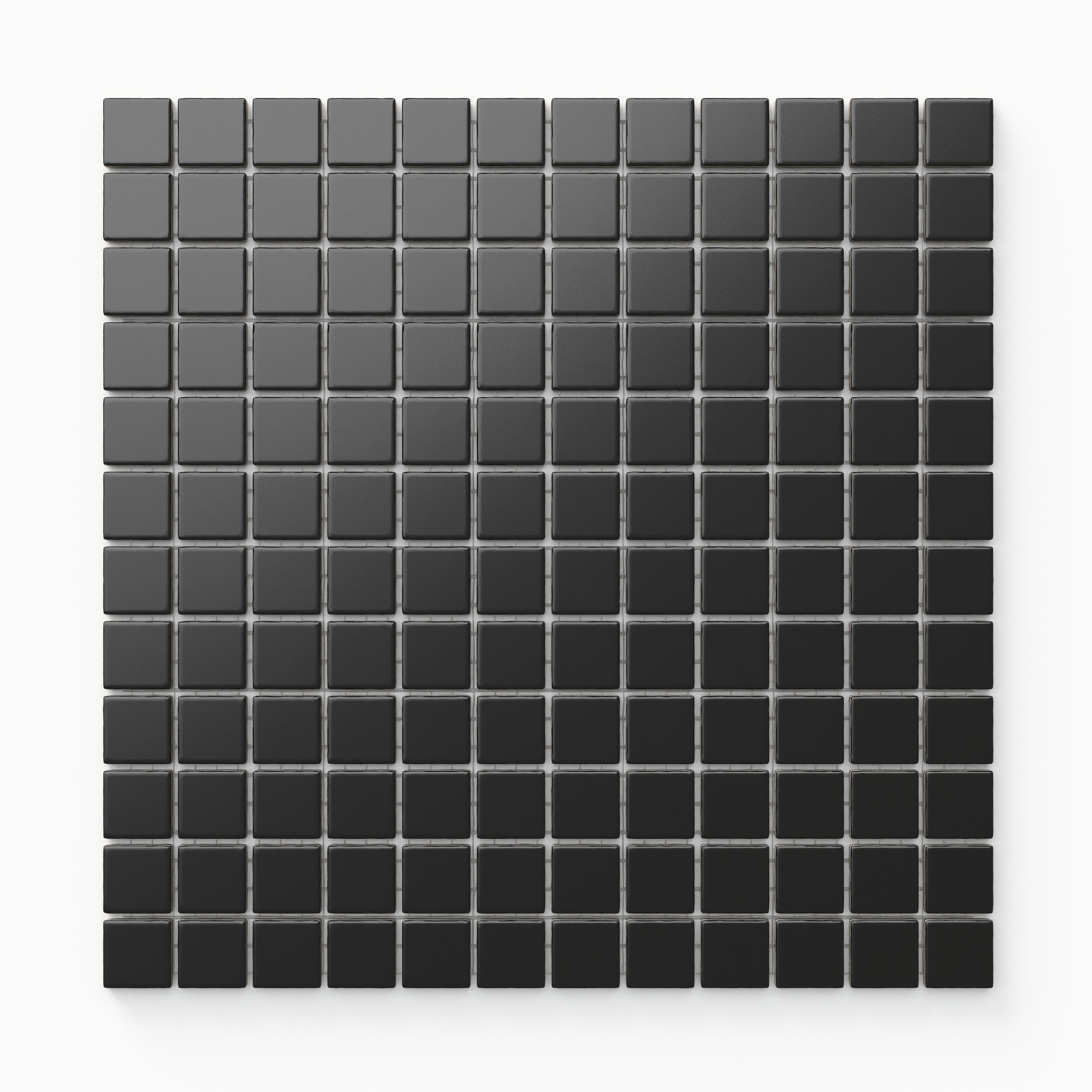 Levi 1x1 black square mosaic porcelain tile in a matte finish, featuring a sleek 12x12 grid pattern ideal for bold, contemporary interiors
