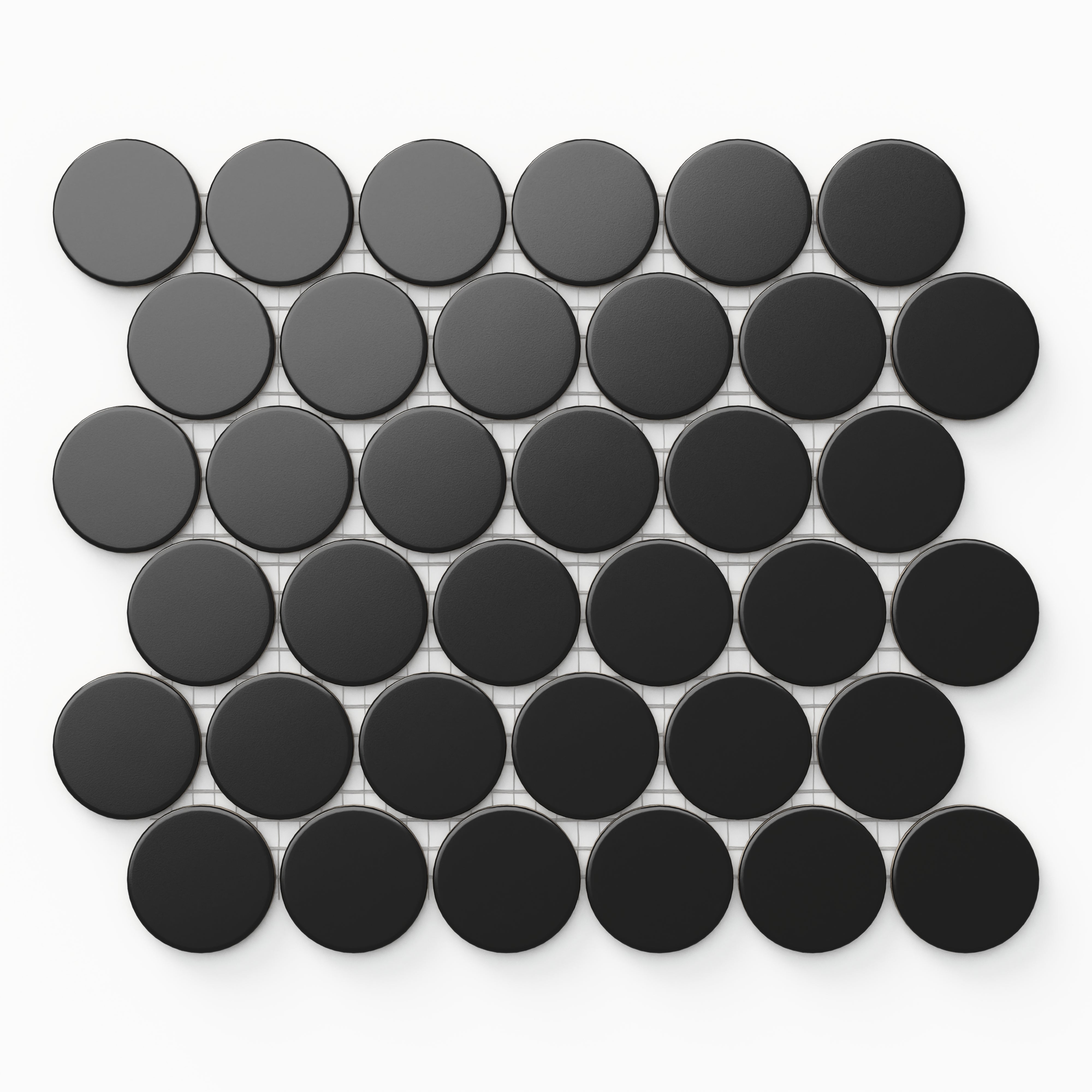 Matte black round mosaic tiles in a bold 12x12 pattern, ideal for dramatic and modern interiors