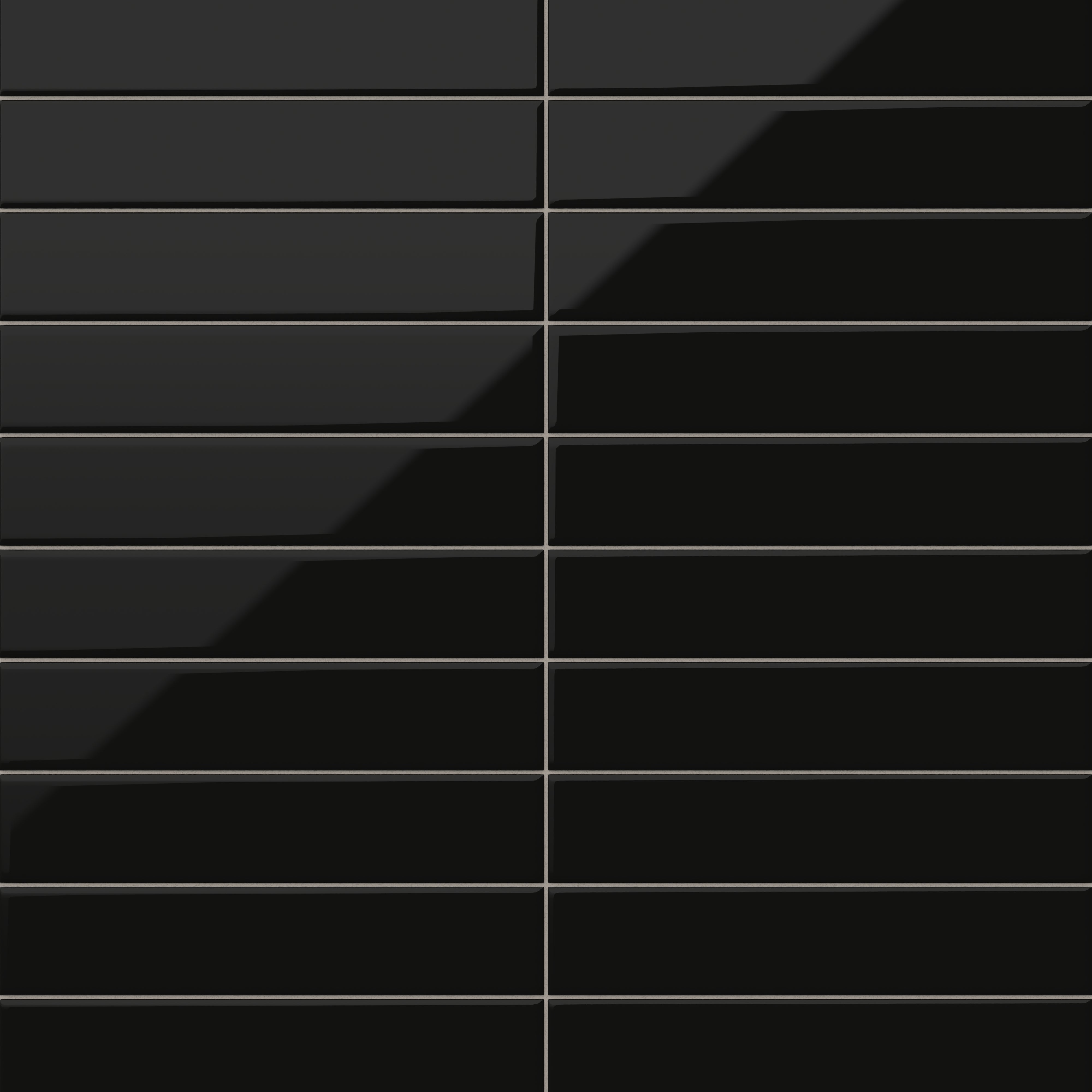 Glossy black subway tiles in a bold midnight shade, offering a sleek and dramatic finish for modern and luxurious interiors.