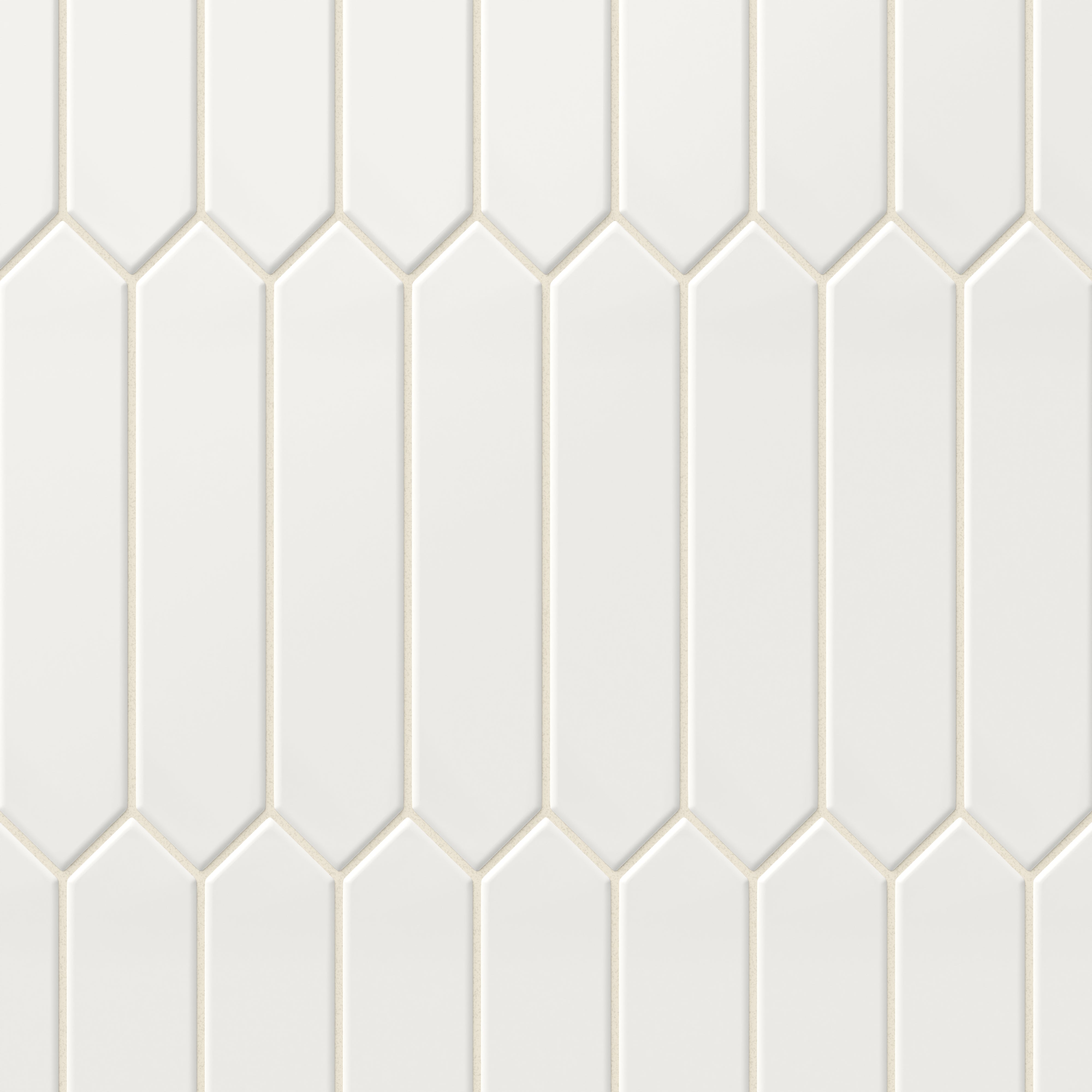 Elegant matte white picket tiles in a classic 2x10-inch size, forming a clean, geometric design for timeless sophistication.