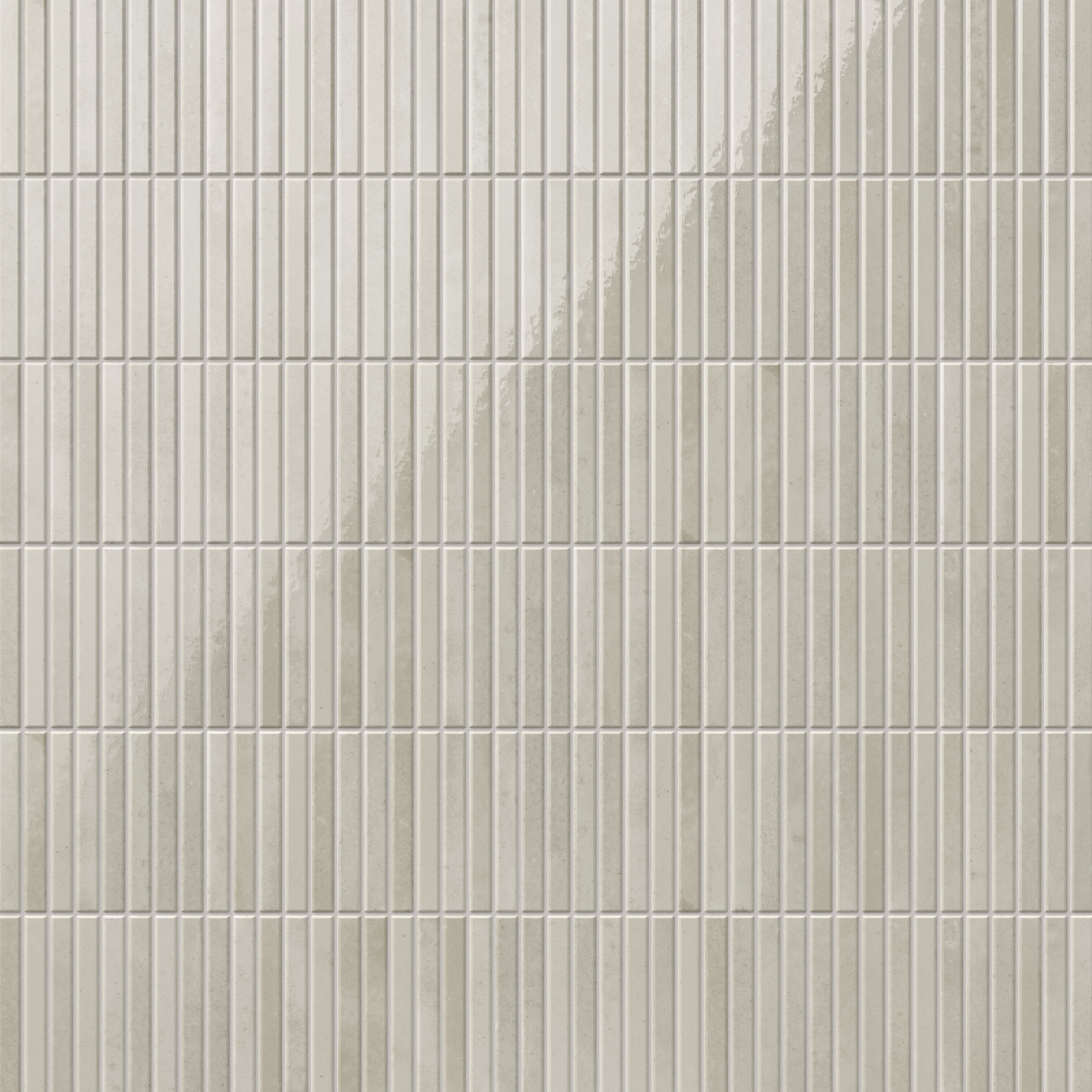 Beige-taupe glossy porcelain tiles with a slim, vertical ridged design, adding depth and texture for modern interiors