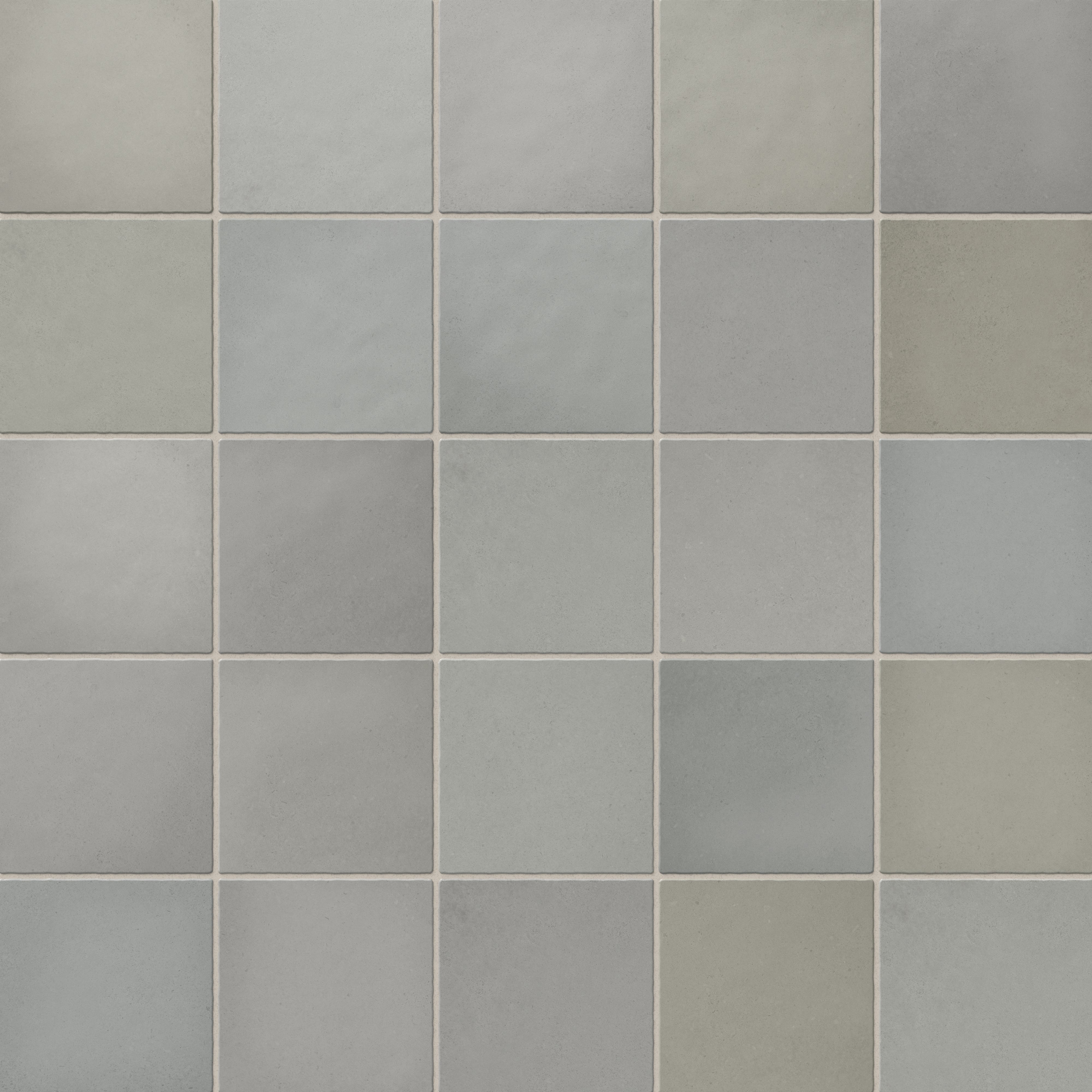 Soft pebble-inspired 5x5 matte ceramic tiles in a soothing mix of gray and green tones, perfect for serene spaces