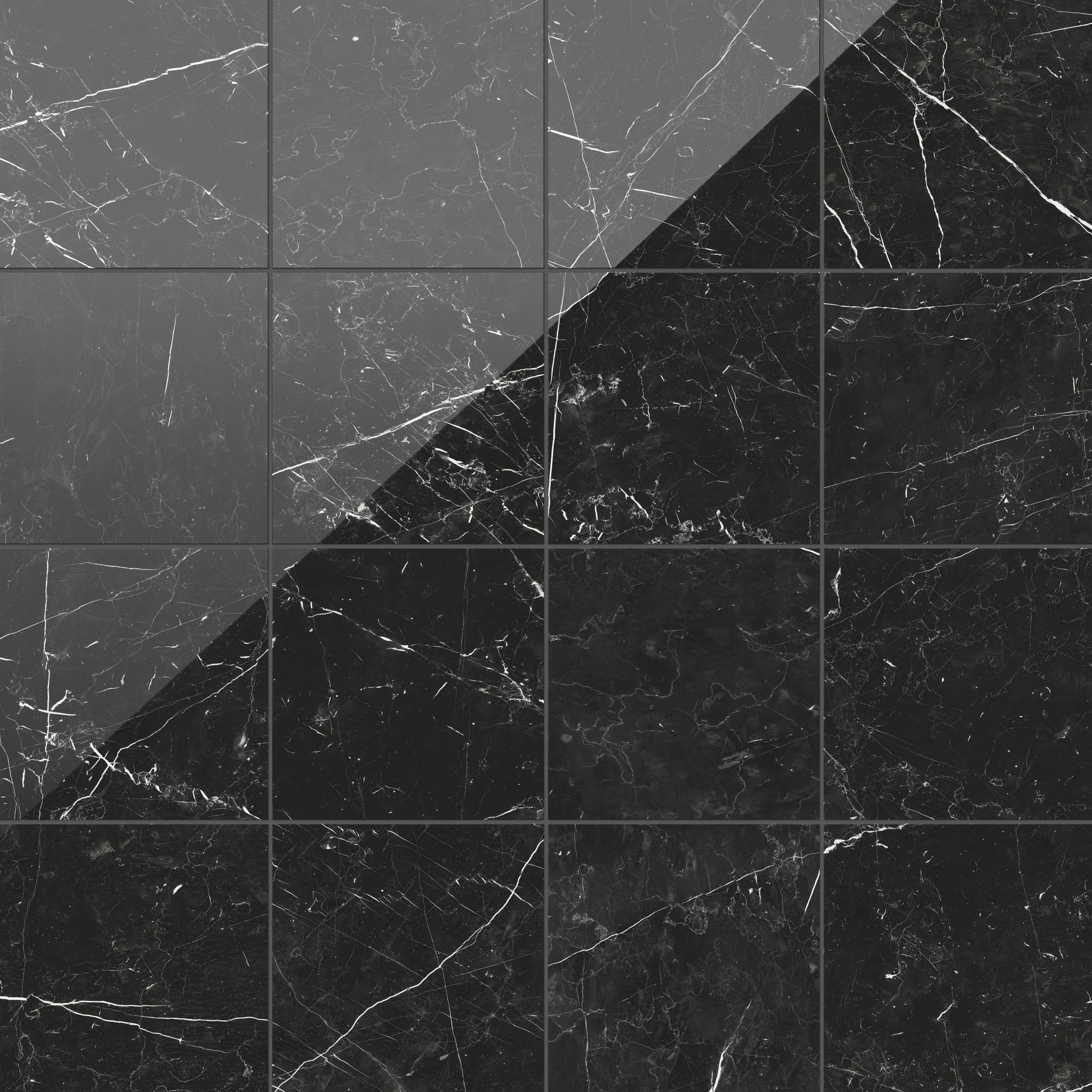 Leona 12x12 polished porcelain tile in Nero Marquina, featuring a luxurious black finish with bold white veining.