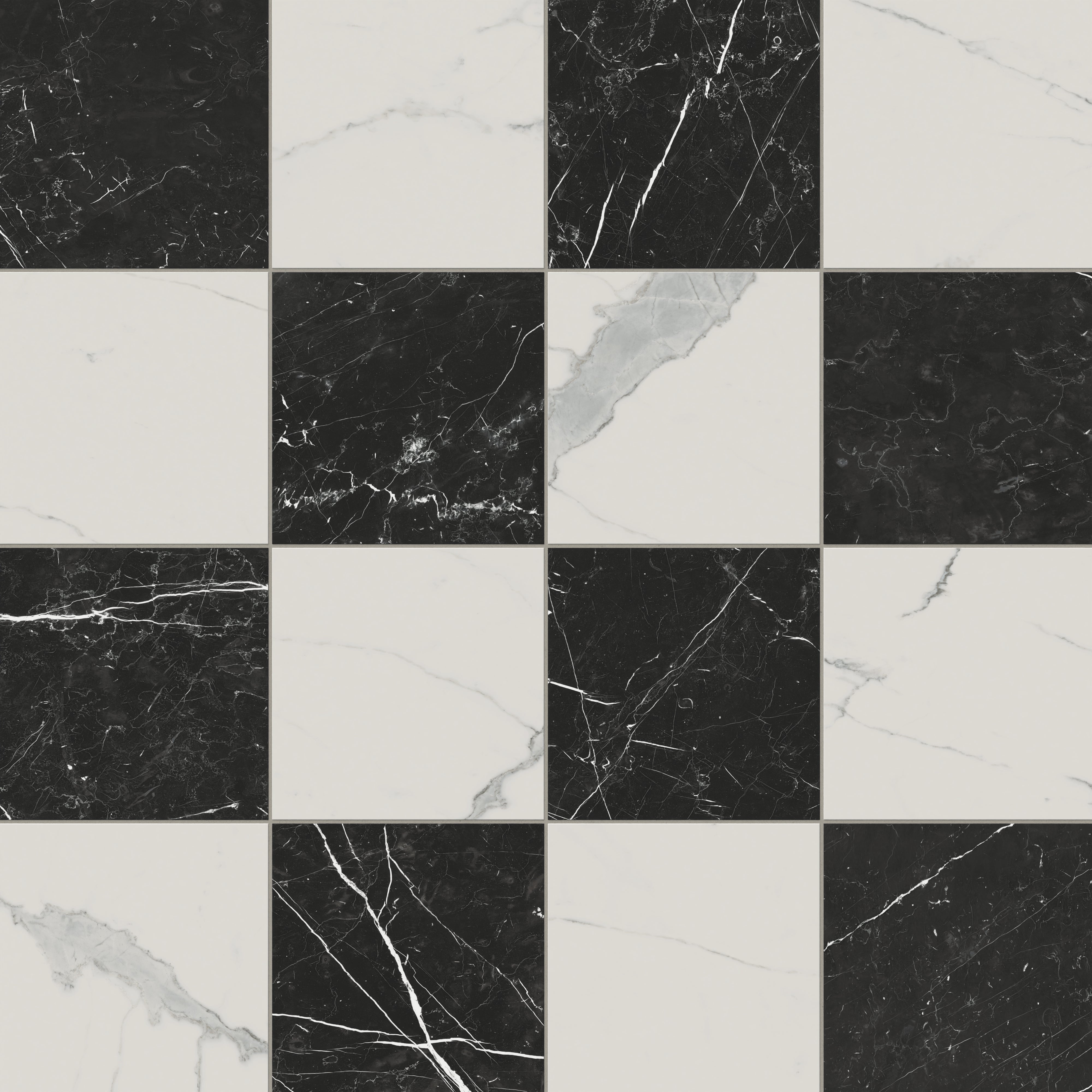 Elegant Leona Calacatta and Nero Marquina checkerboard 12x12 matte porcelain tiles with striking black-and-white contrast for timeless appeal.