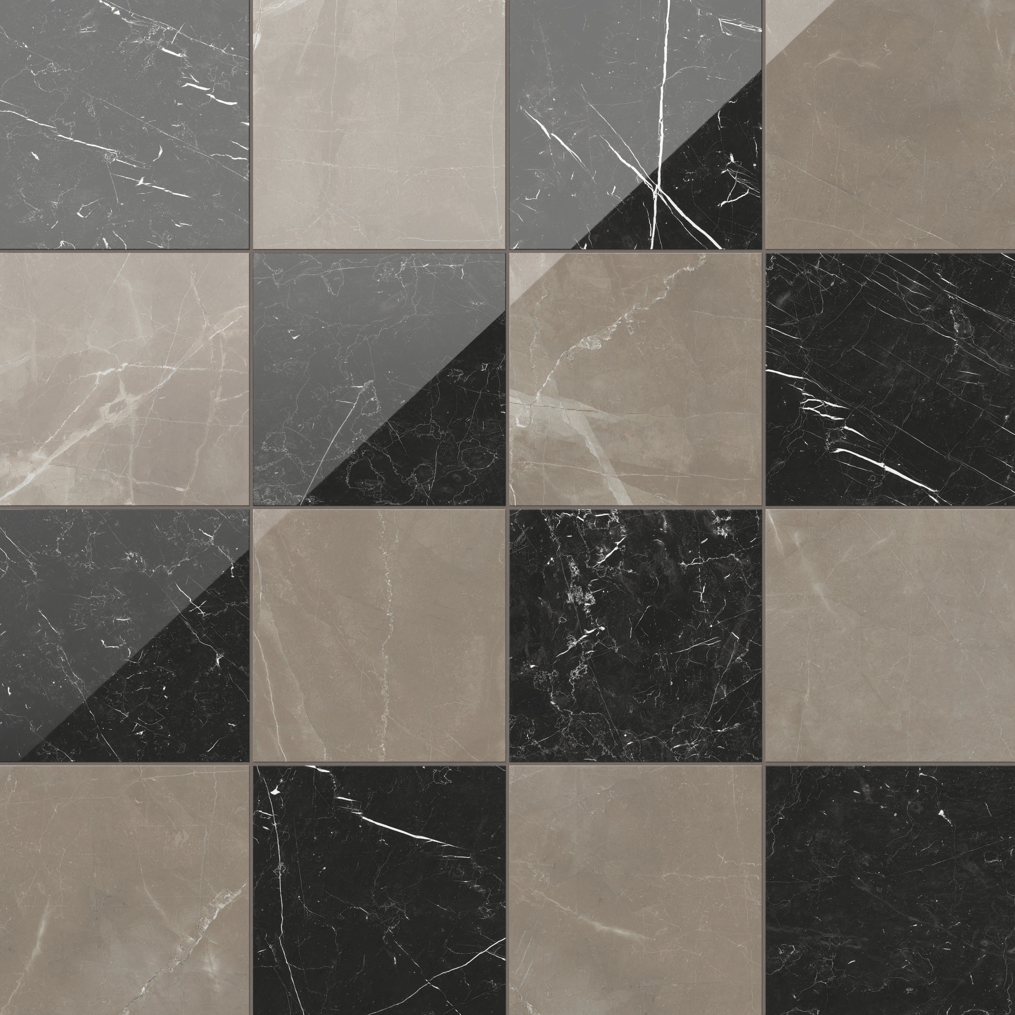 Leona Amani Bronze and Nero Marquina tile, 12x12 gloss finish, showcasing a striking mix of brown and black marble-look tiles in a polished checkerboard layout.
