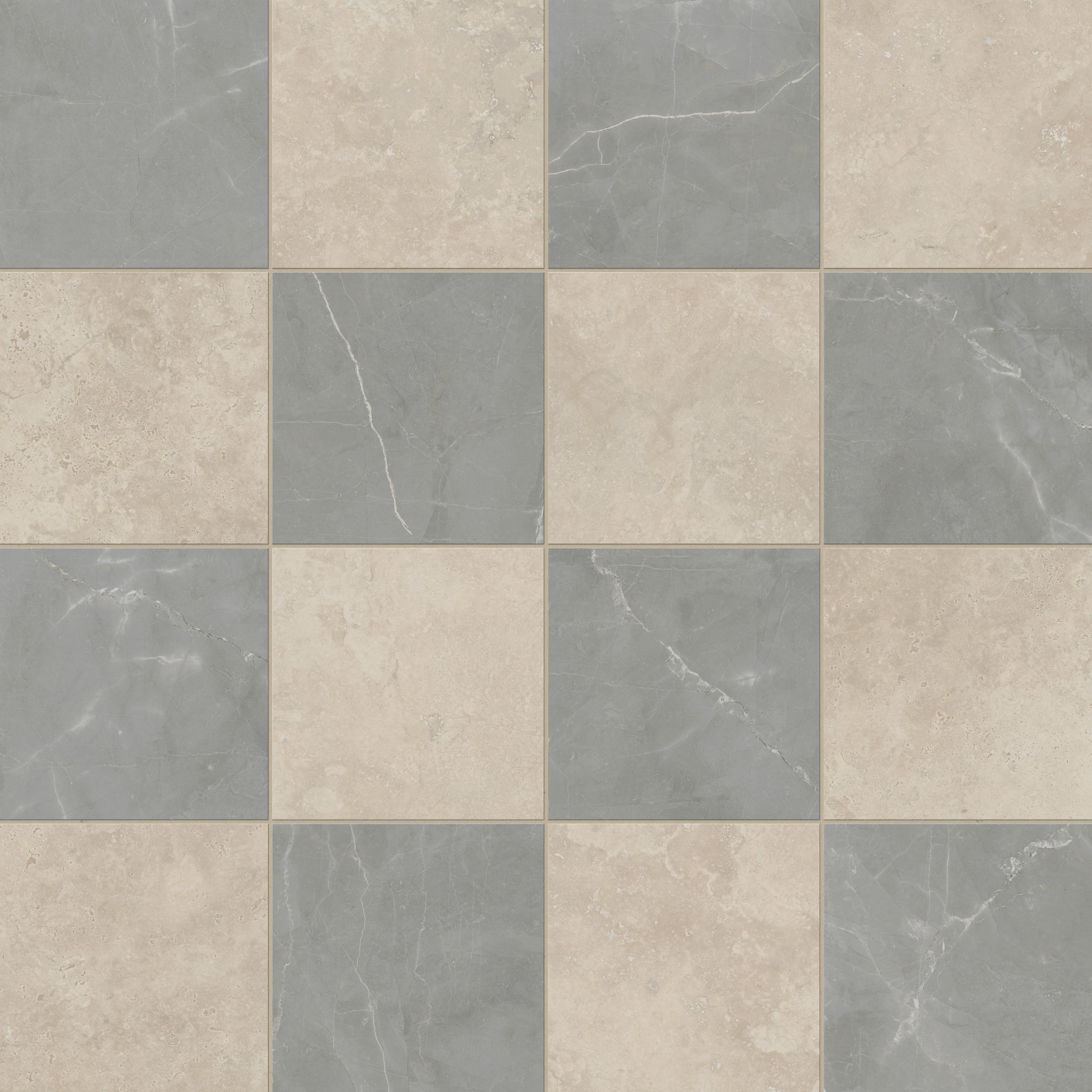 Leona Marfil and Amani Grey tile, 12x12 matte finish, blending warm beige and cool grey tones in a checkerboard design for versatile elegance.