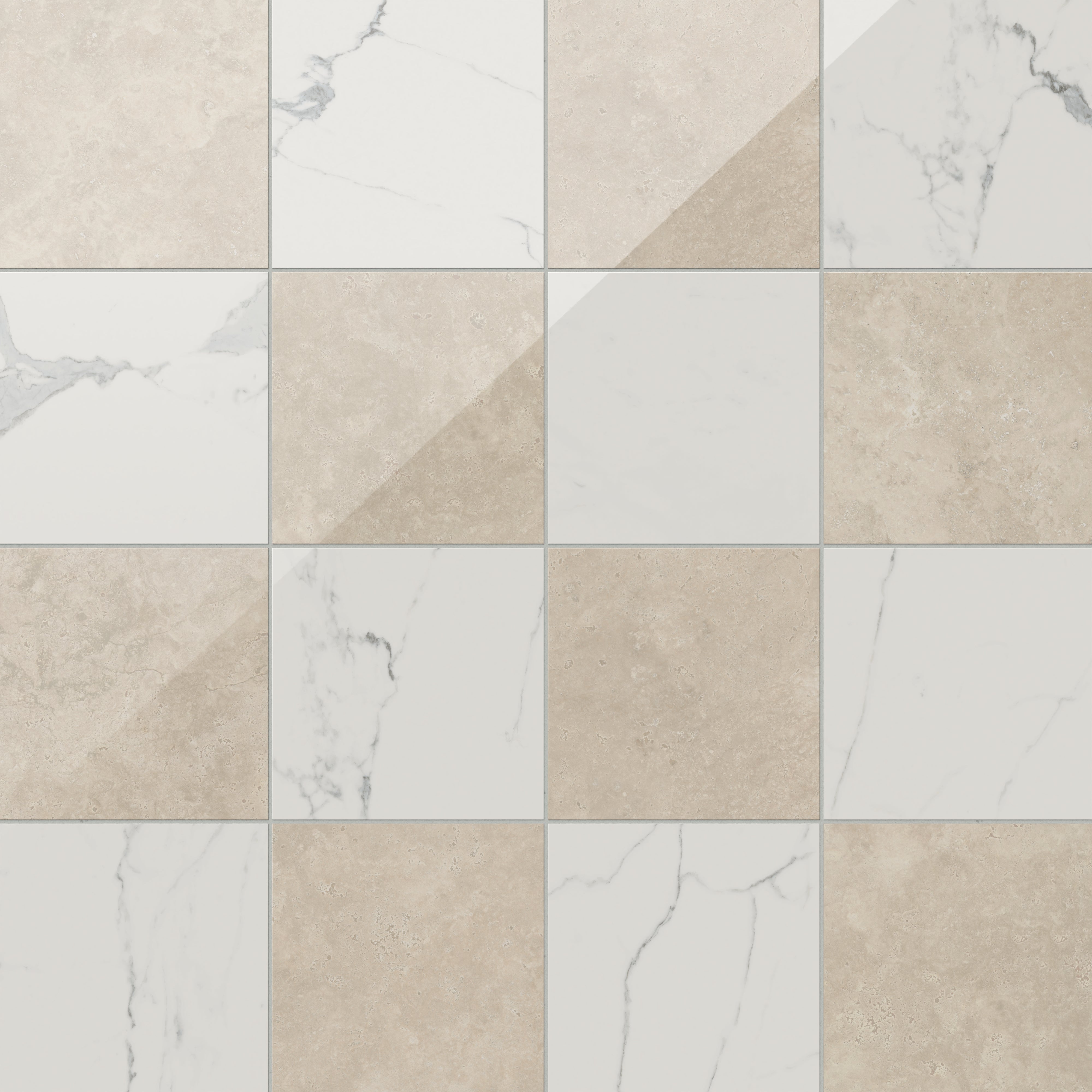 Leona Calacatta and Marfil tile, 12x12 gloss finish, featuring a blend of white marble-look and soft beige tones for a refined checkerboard style.