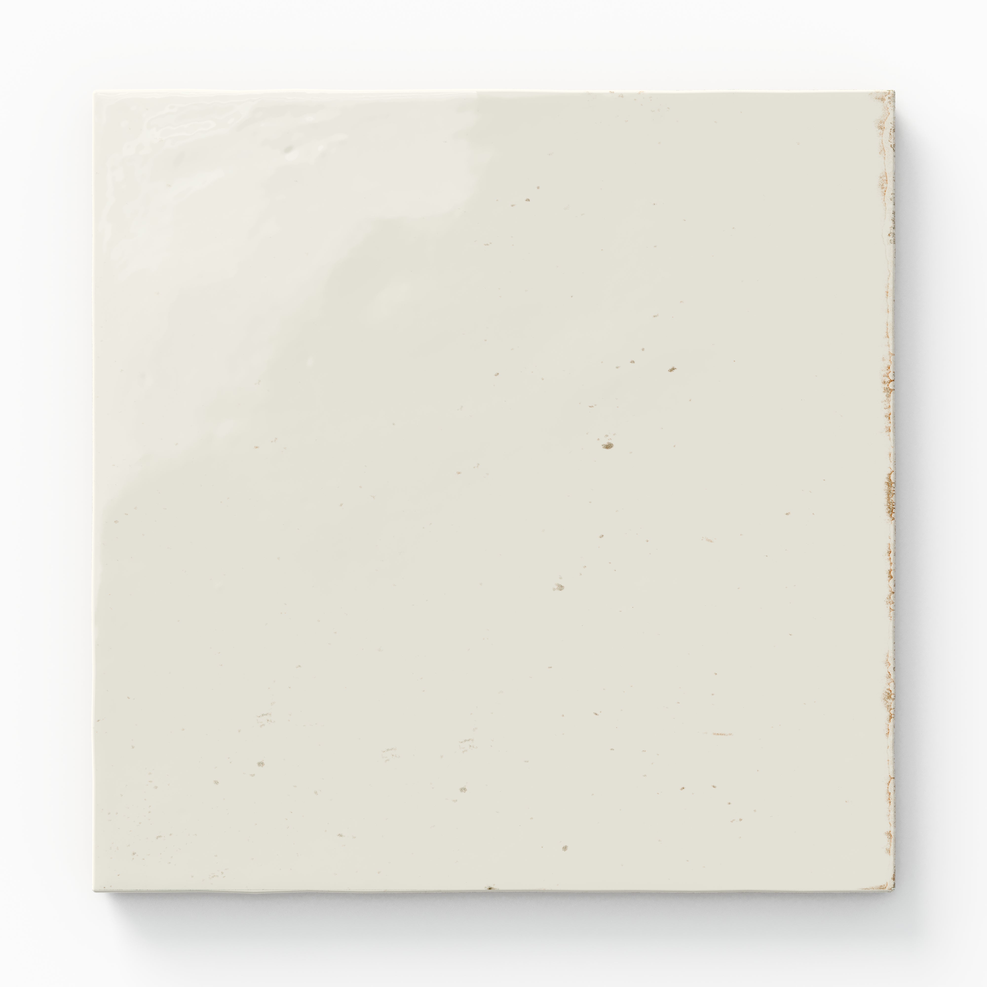 Square porcelain tile in a soft white tone with a glossy surface and slightly weathered edges.