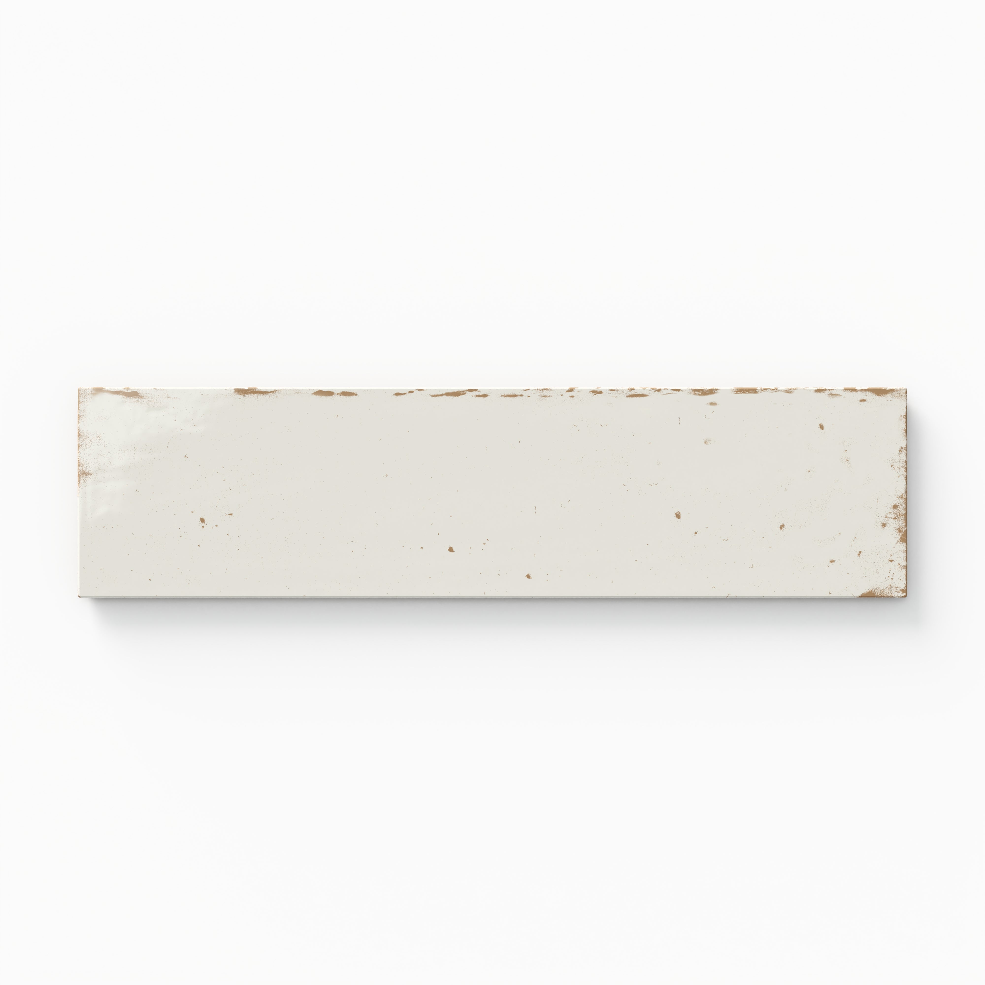 Rectangular porcelain tile in a soft white shade with weathered edges and subtle speckled details.