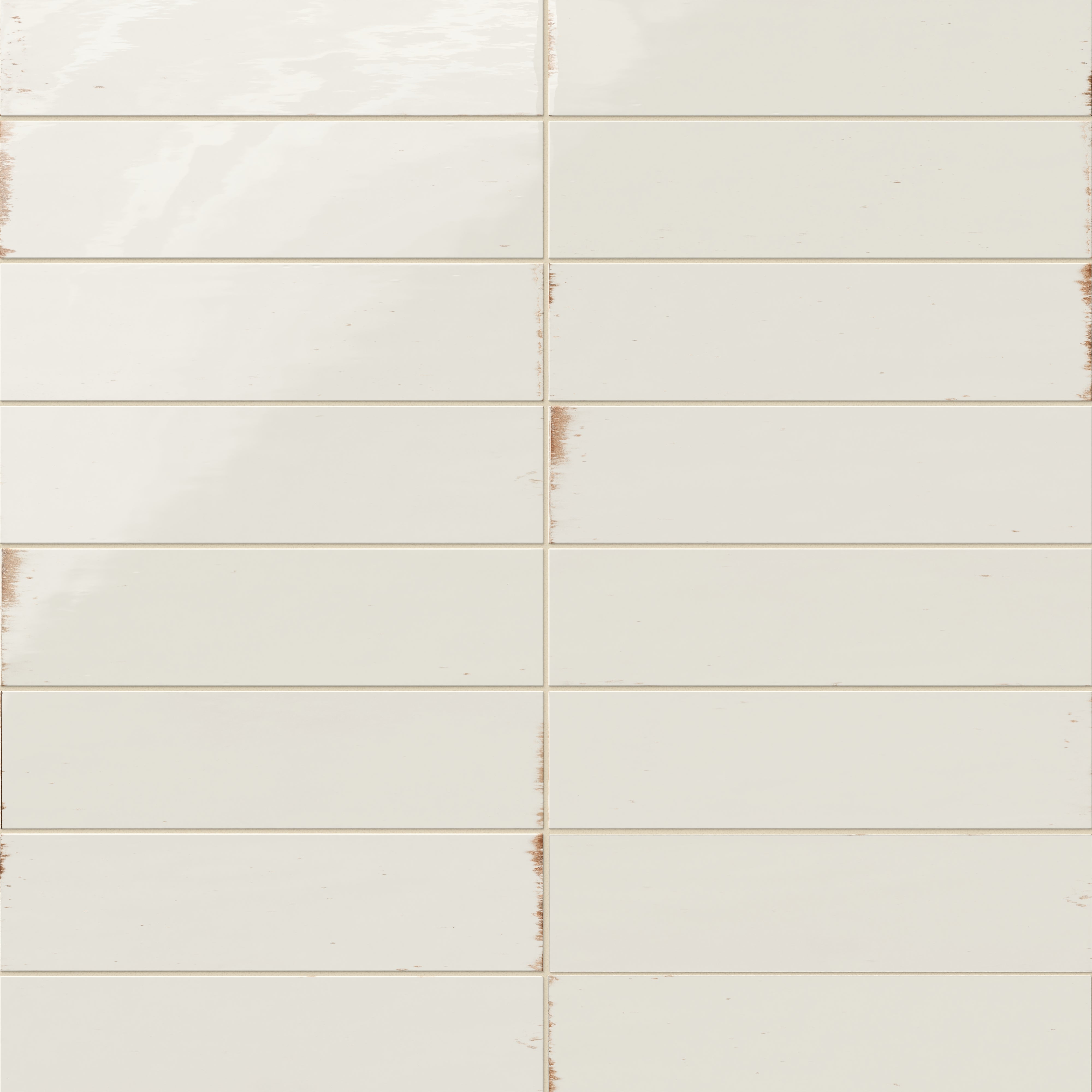 Subway porcelain tiles in soft white with a glossy surface and rustic brown edges.