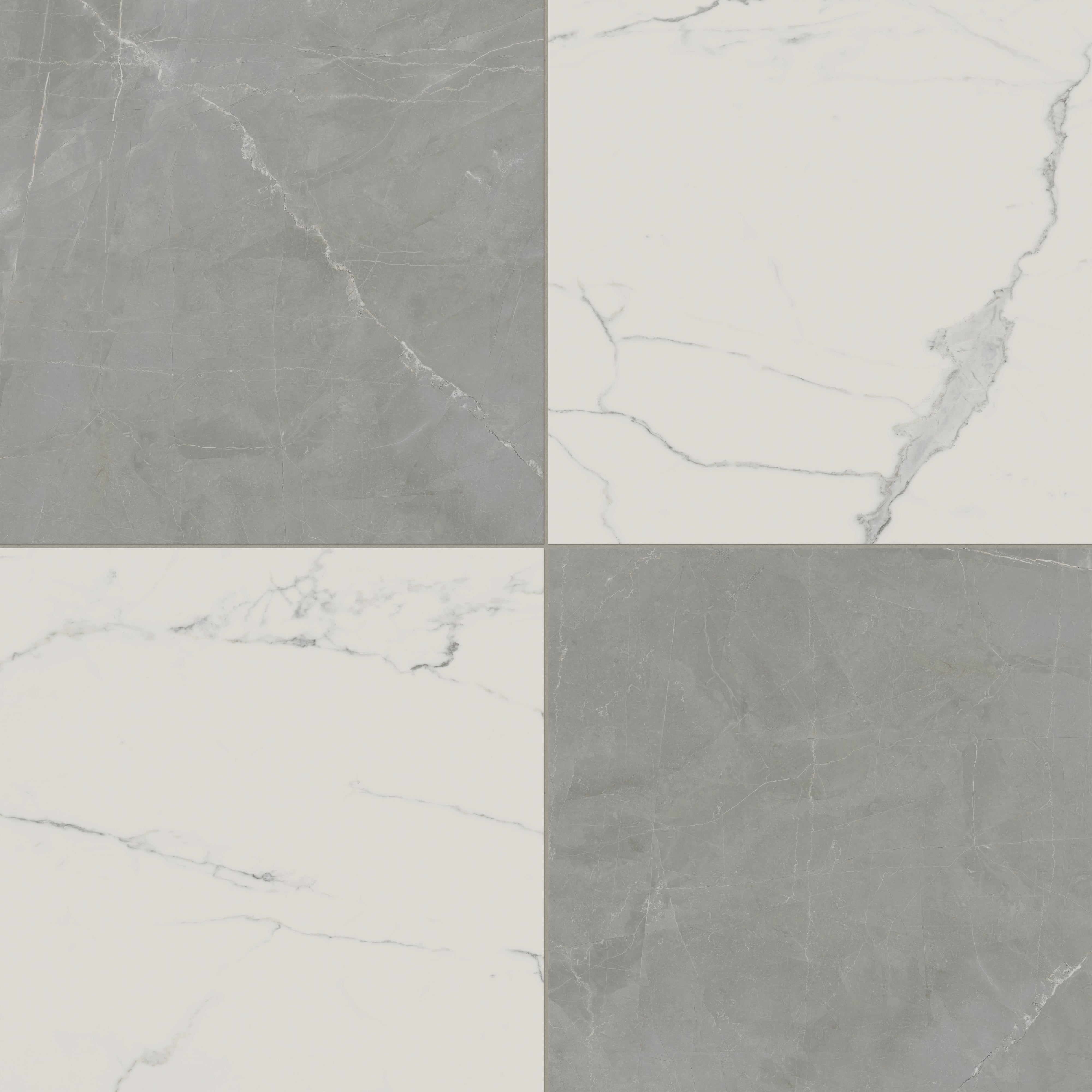 Leona Calacatta and Amani Grey Checkerboard 24x24 Matte tiles combine modern grey and timeless white for a balanced design.