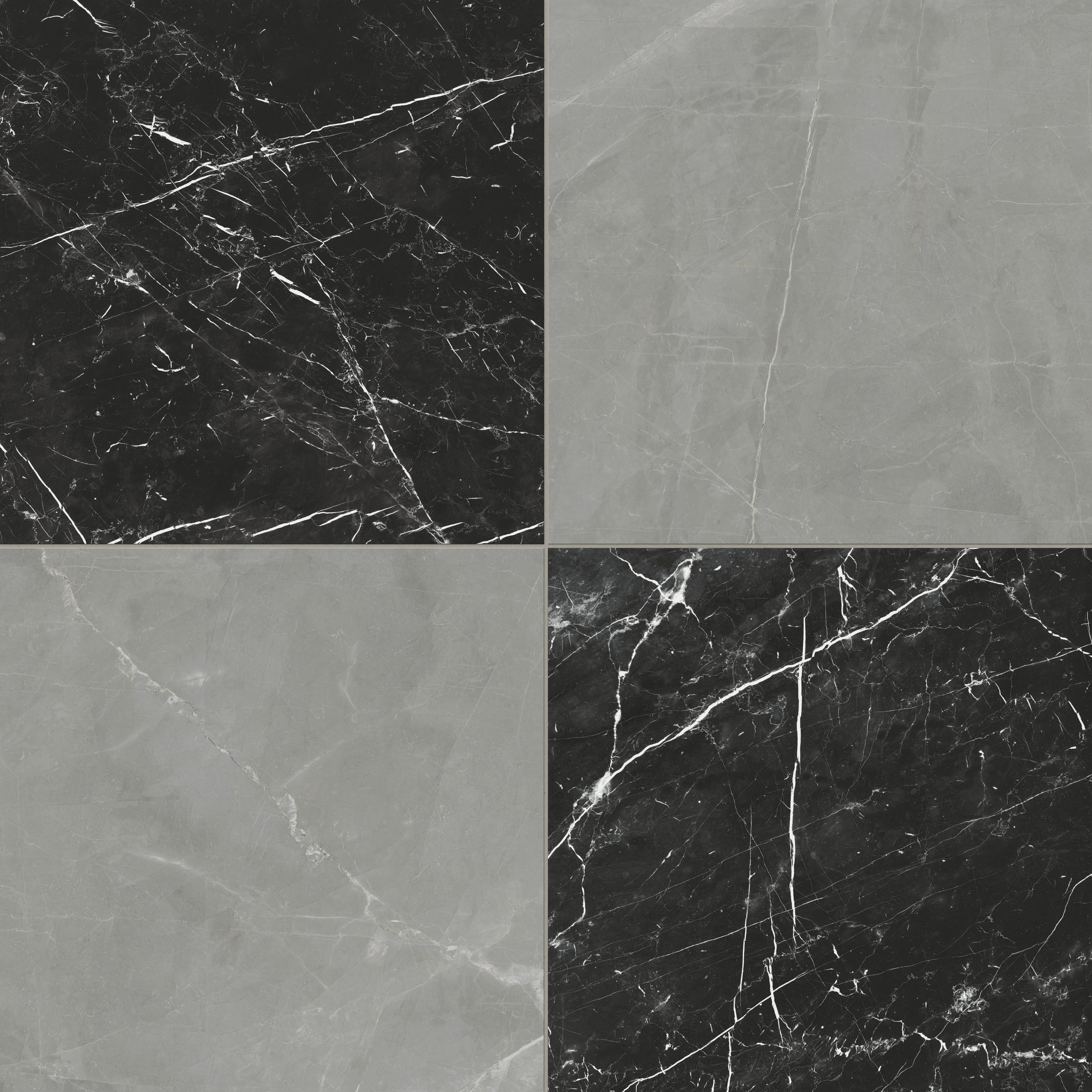Leona 24x24 matte porcelain tile in Amani Grey and Nero Marquina, blending cool grey tones with deep black marble-look for a bold checkerboard pattern.