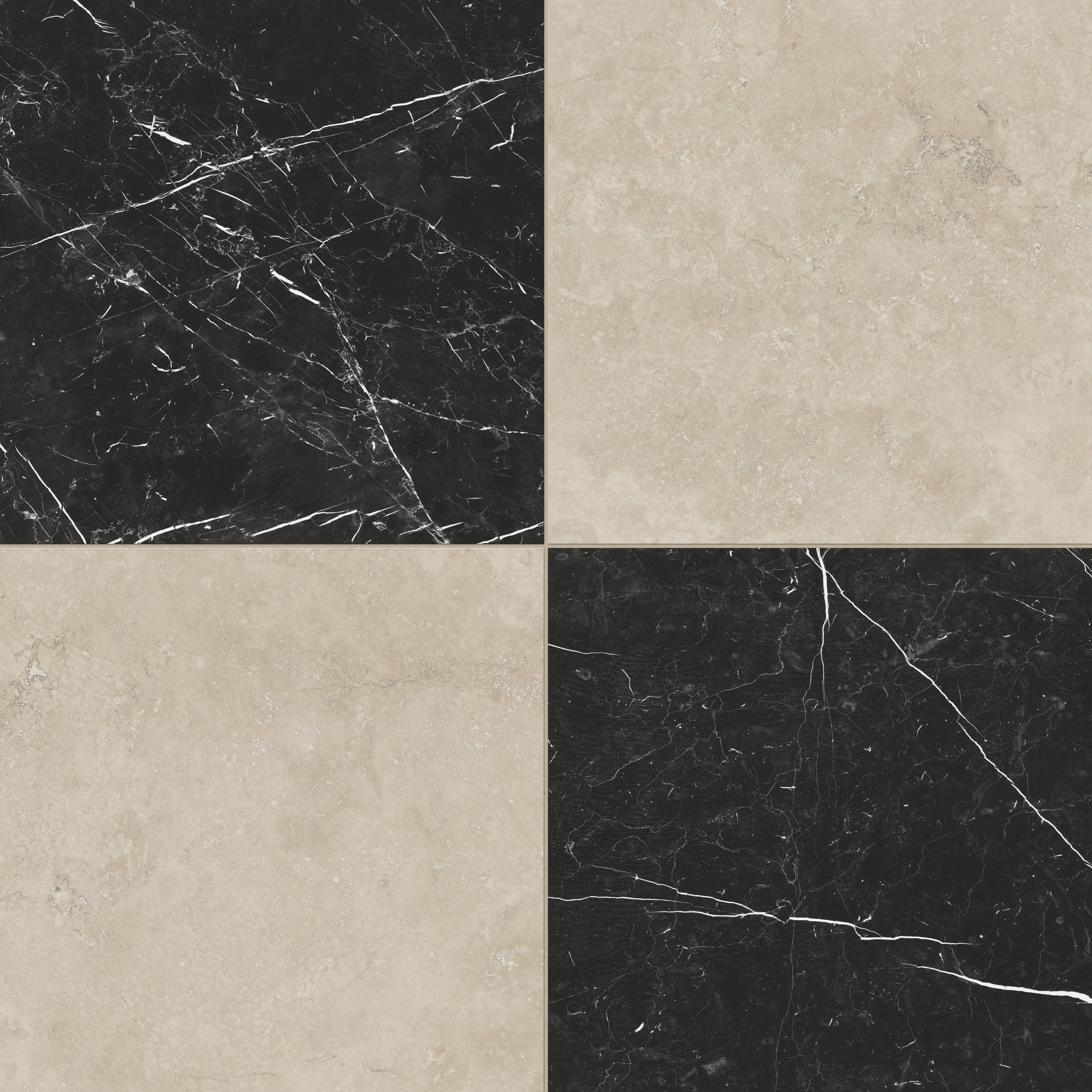 Leona Marfil and Nero Marquina tile, 24x24 matte finish, combining soft beige tones with bold black marble-look for an elegant checkerboard pattern.