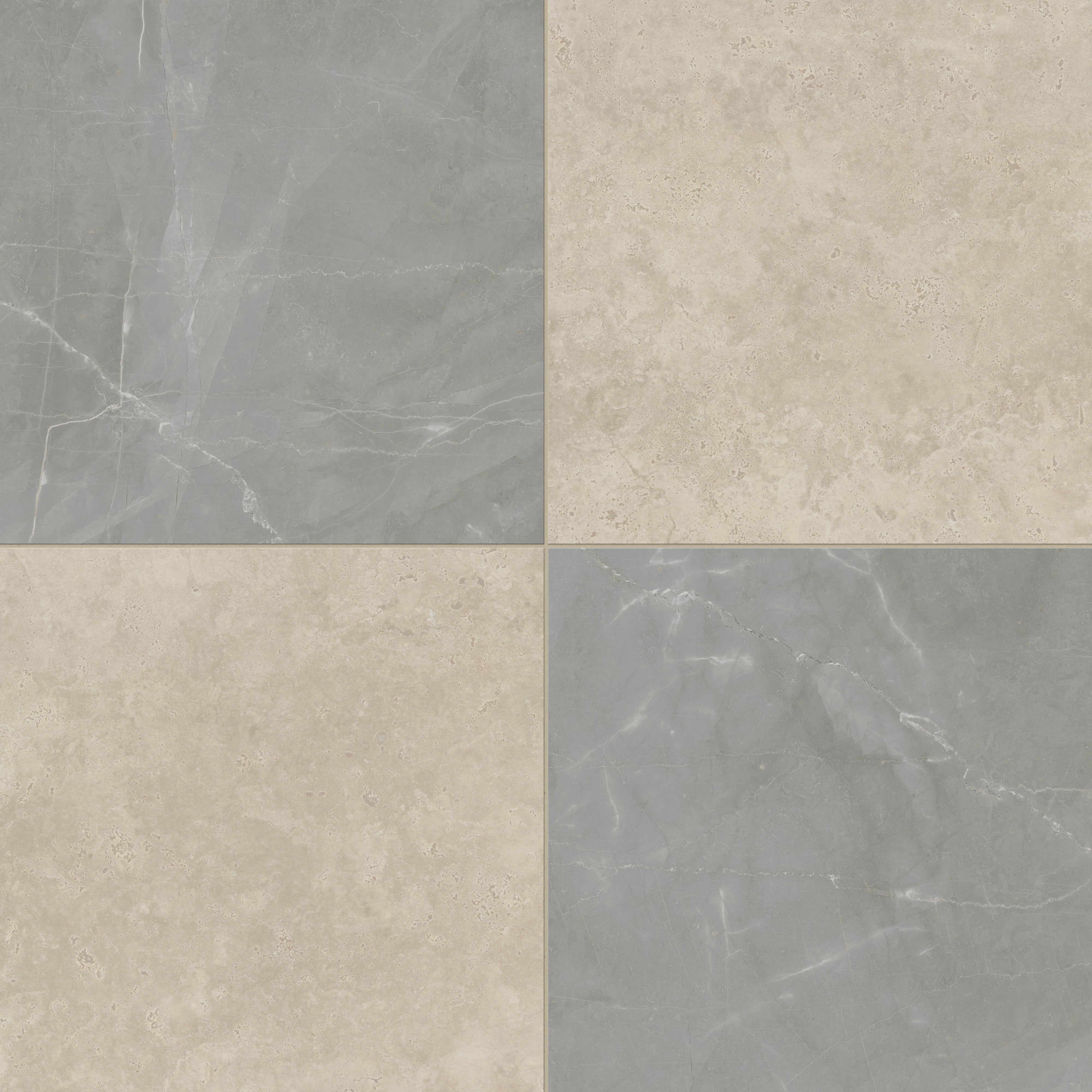 Leona Marfil and Amani Grey tile, 24x24 matte finish, combining subtle beige and sleek grey marble-inspired tones in a refined checkerboard pattern.