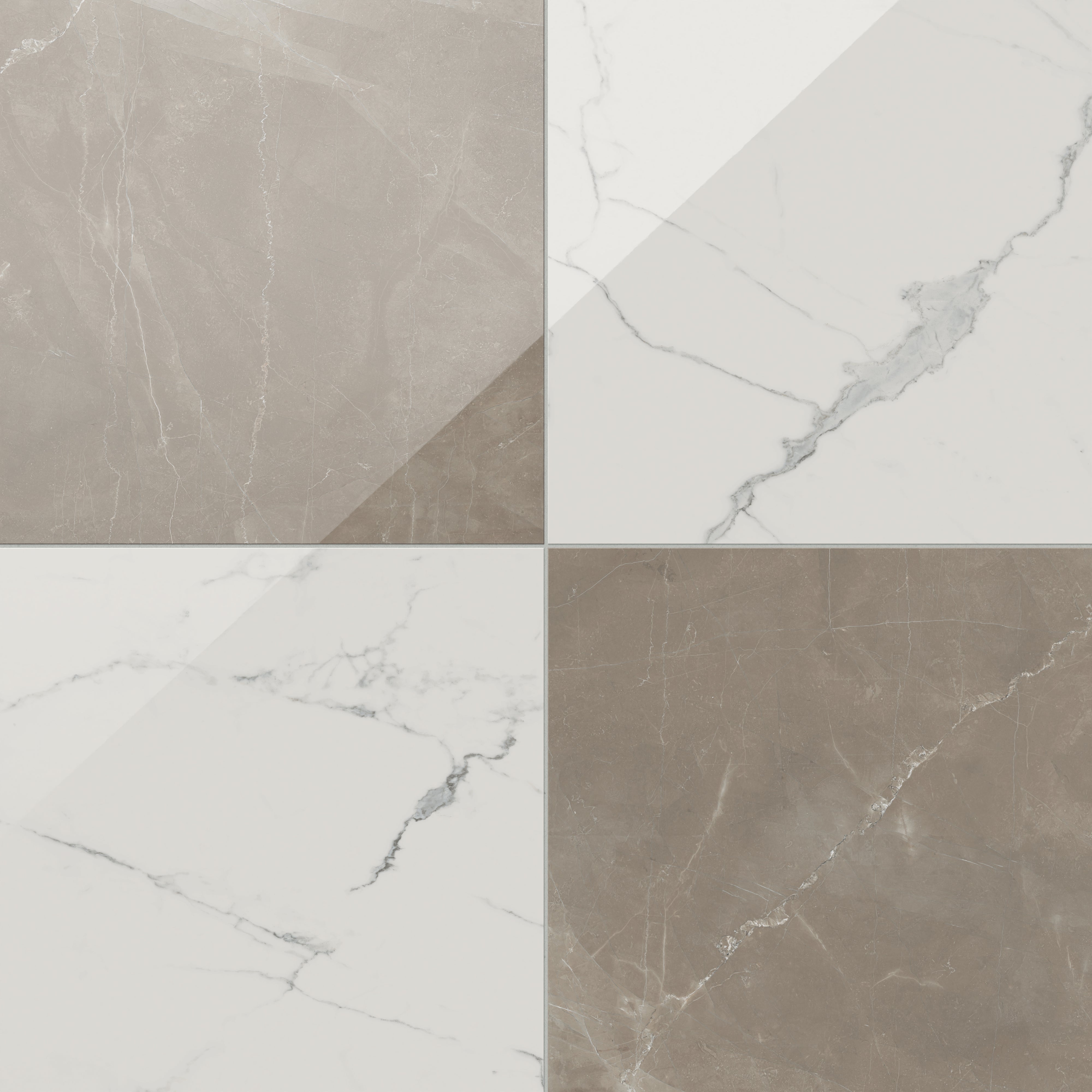 Leona Calacatta and Amani Bronze tile, 24x24 gloss finish, blending creamy white marble look with warm brown tones in an elegant checkerboard design.