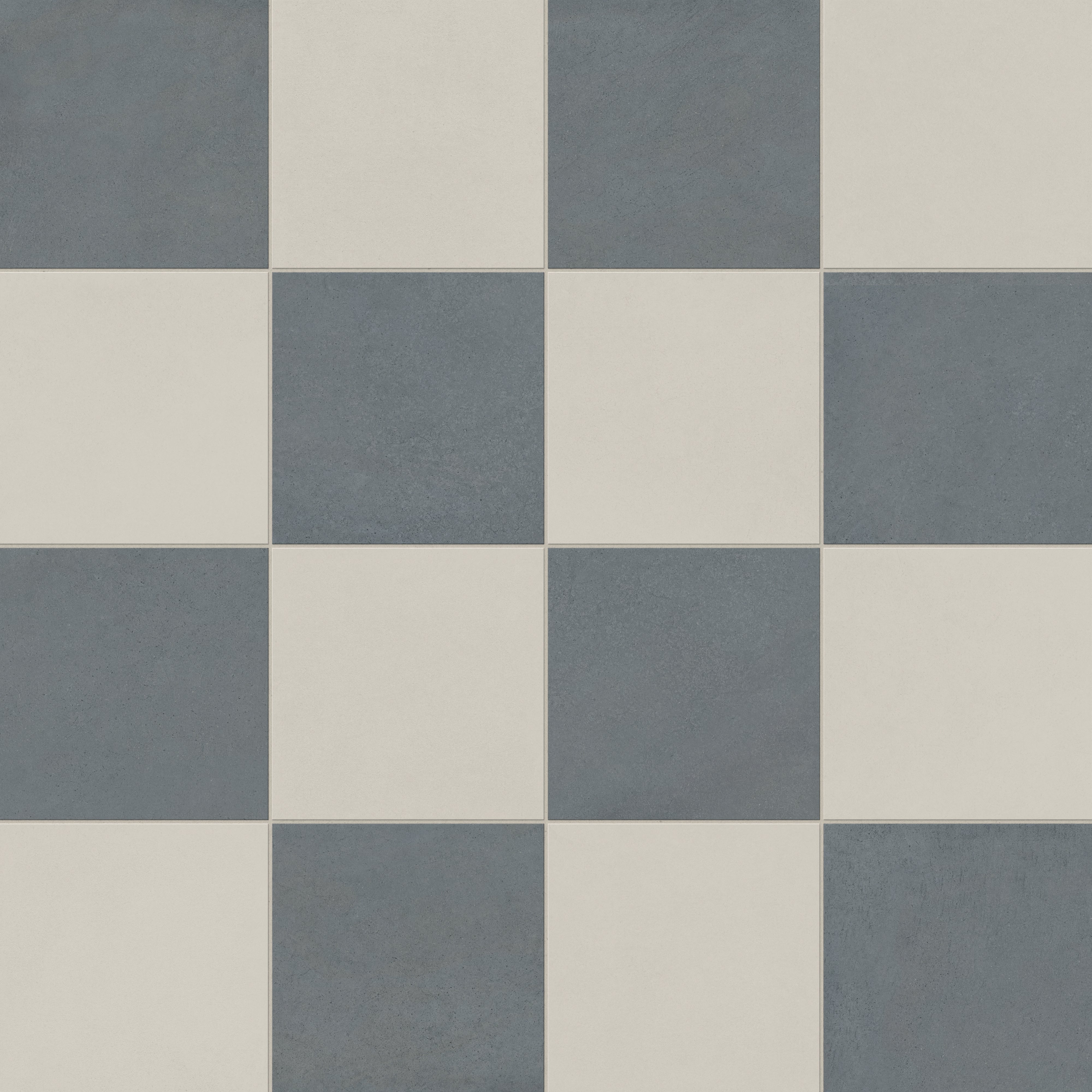 Palmer 12x12 checkerboard matte porcelain tile in white and ocean blue, offering a clean, dual-tone finish for refined interiors.