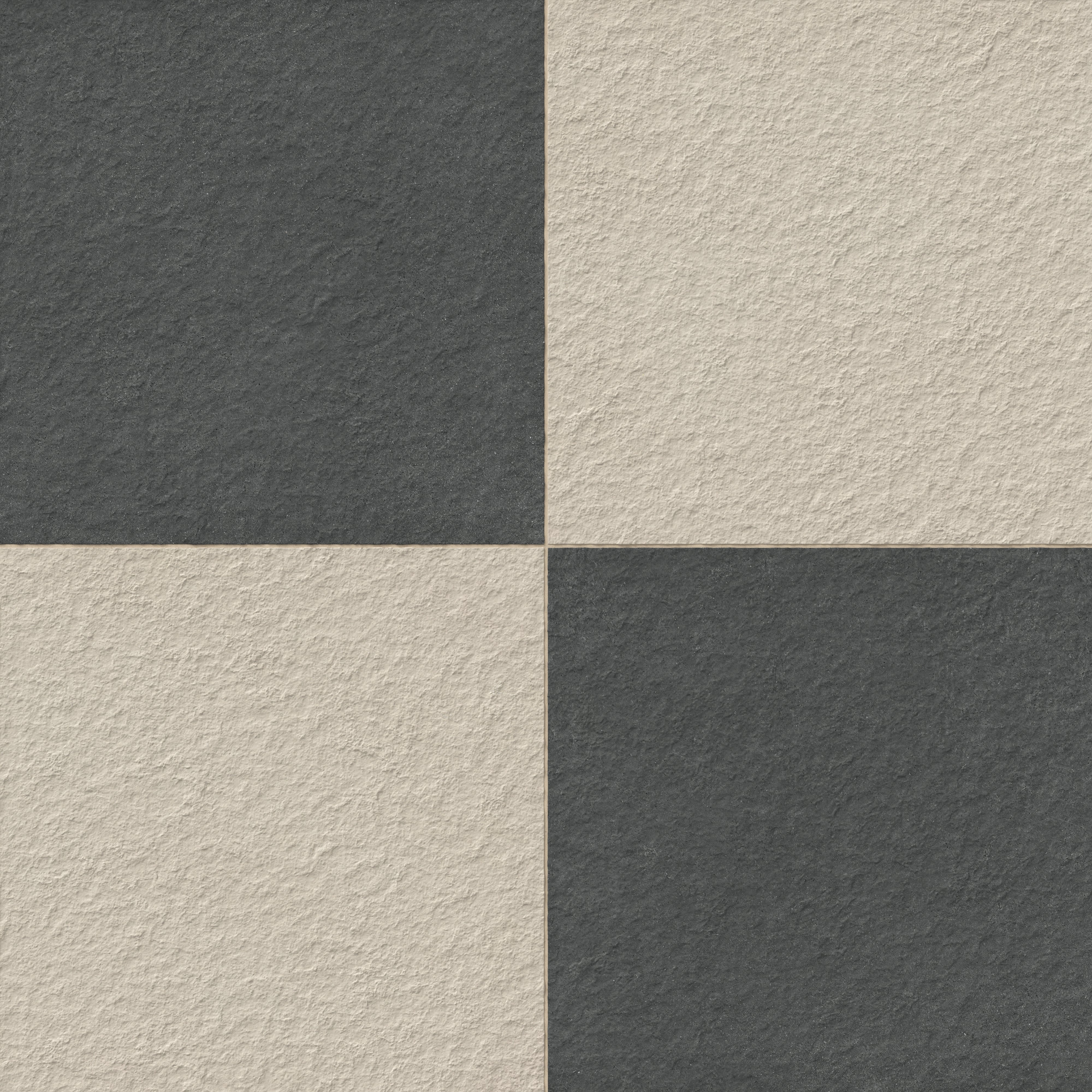 Palmer 24x24 checkerboard raw porcelain tile in natural beige and nero black, offering a dynamic light-and-dark contrast for versatile design applications.
