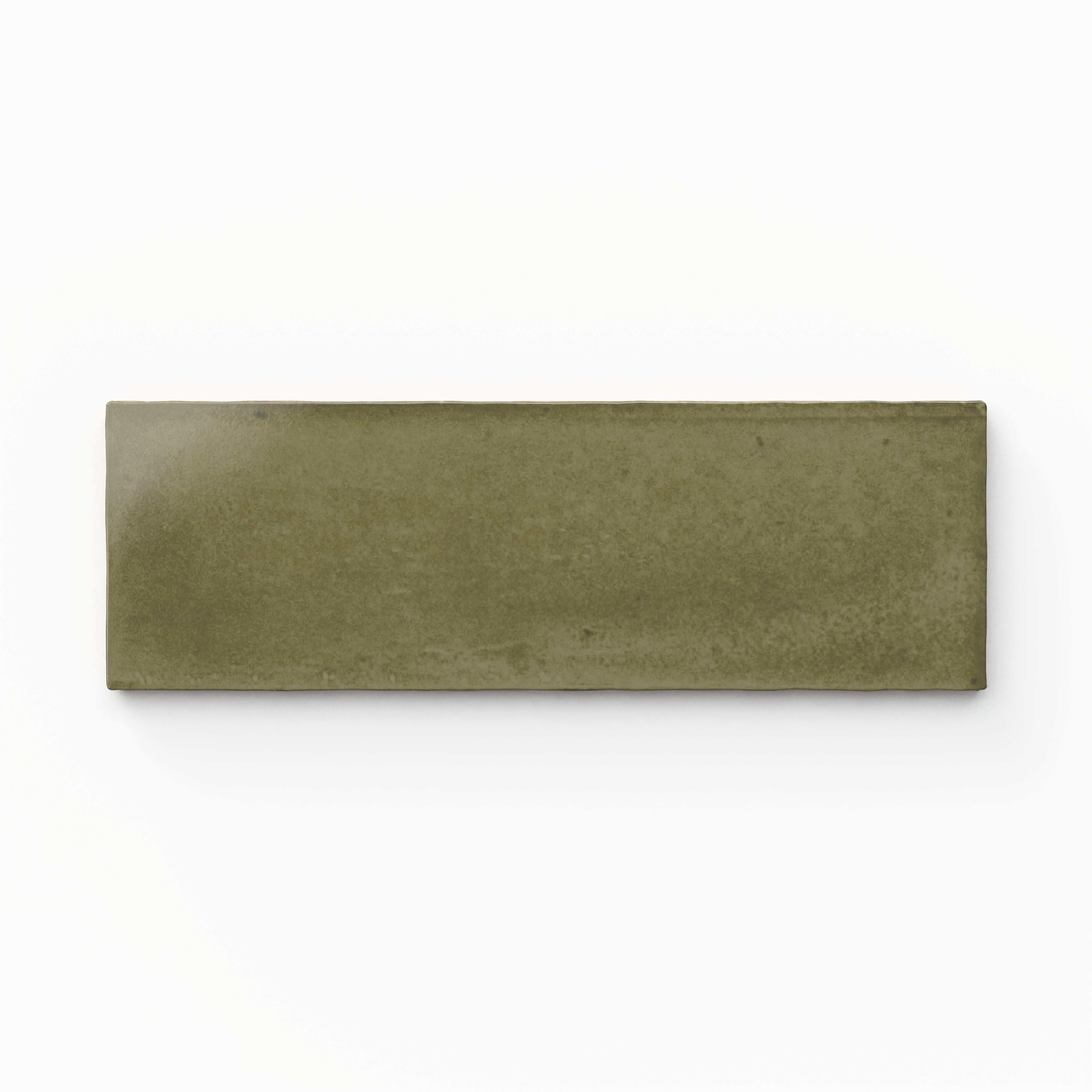 A 2x6 porcelain tile in olive green, featuring a glossy finish, soft tonal variation, and a clean, flat-edge profile.