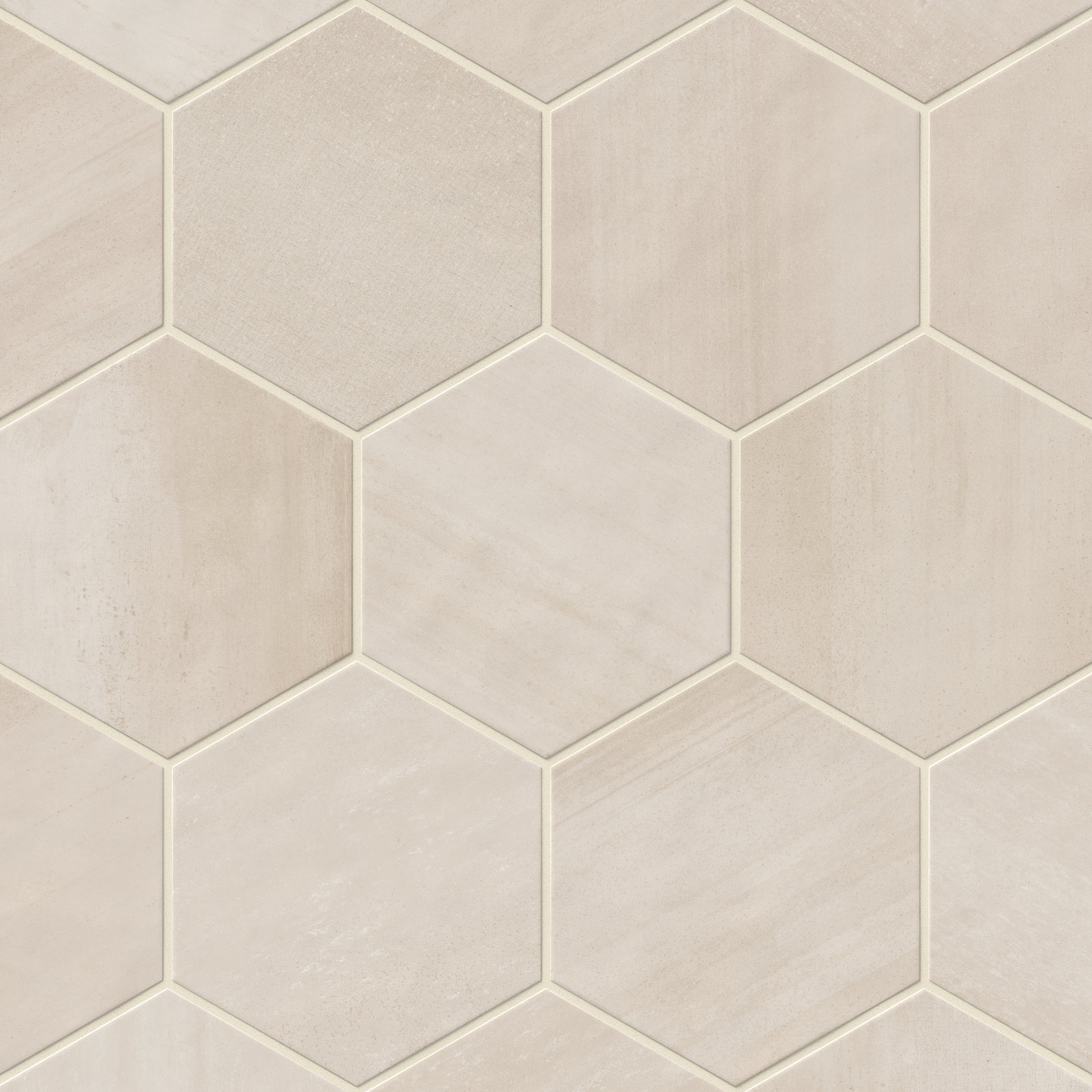 A 7x8 porcelain hexagon tile in off-white and beige featuring a matte finish and subtle tonal variation for a modern organic look.