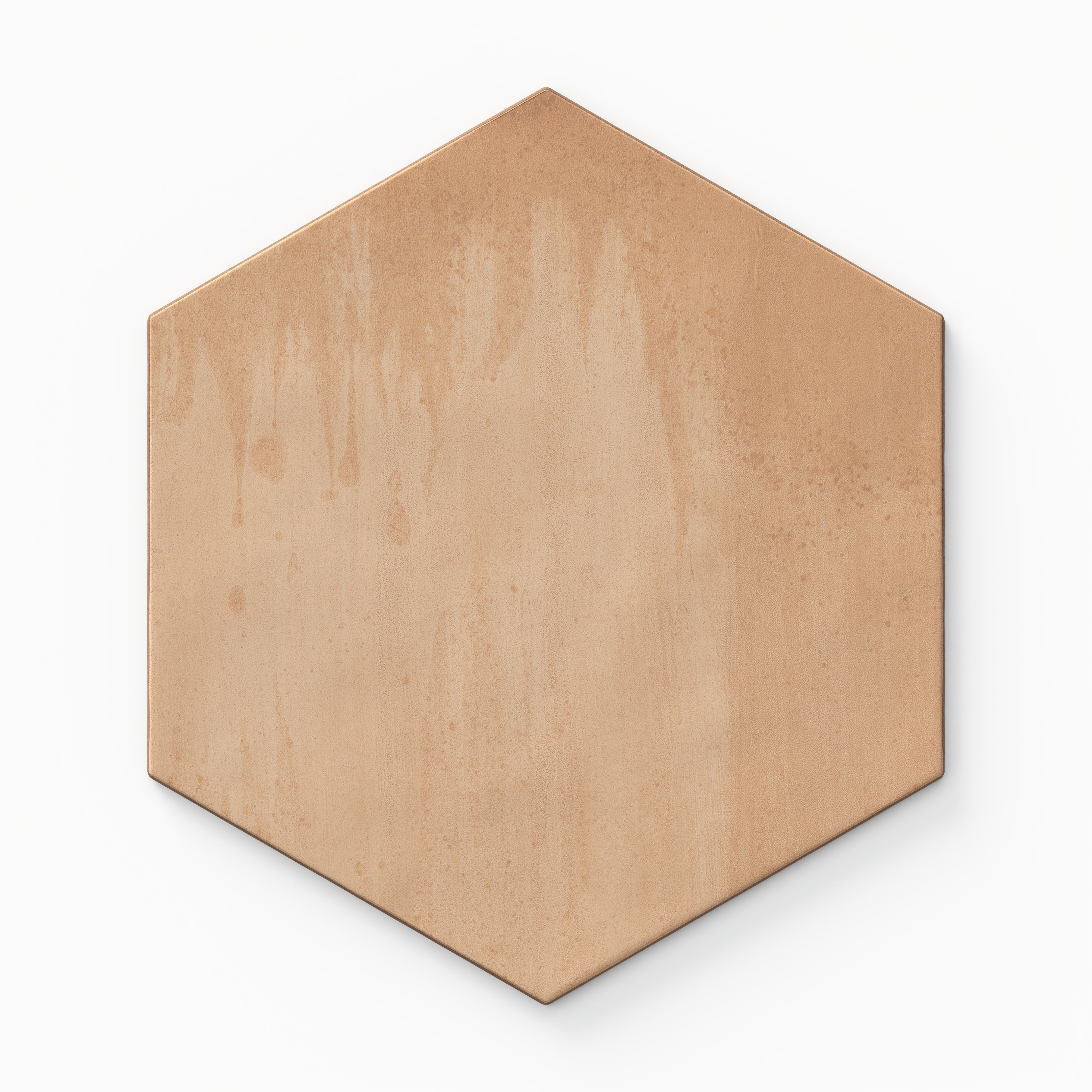 A 7x8 porcelain hexagon tile in beige and terracotta featuring a matte finish and subtle tonal variation for a modern organic look.