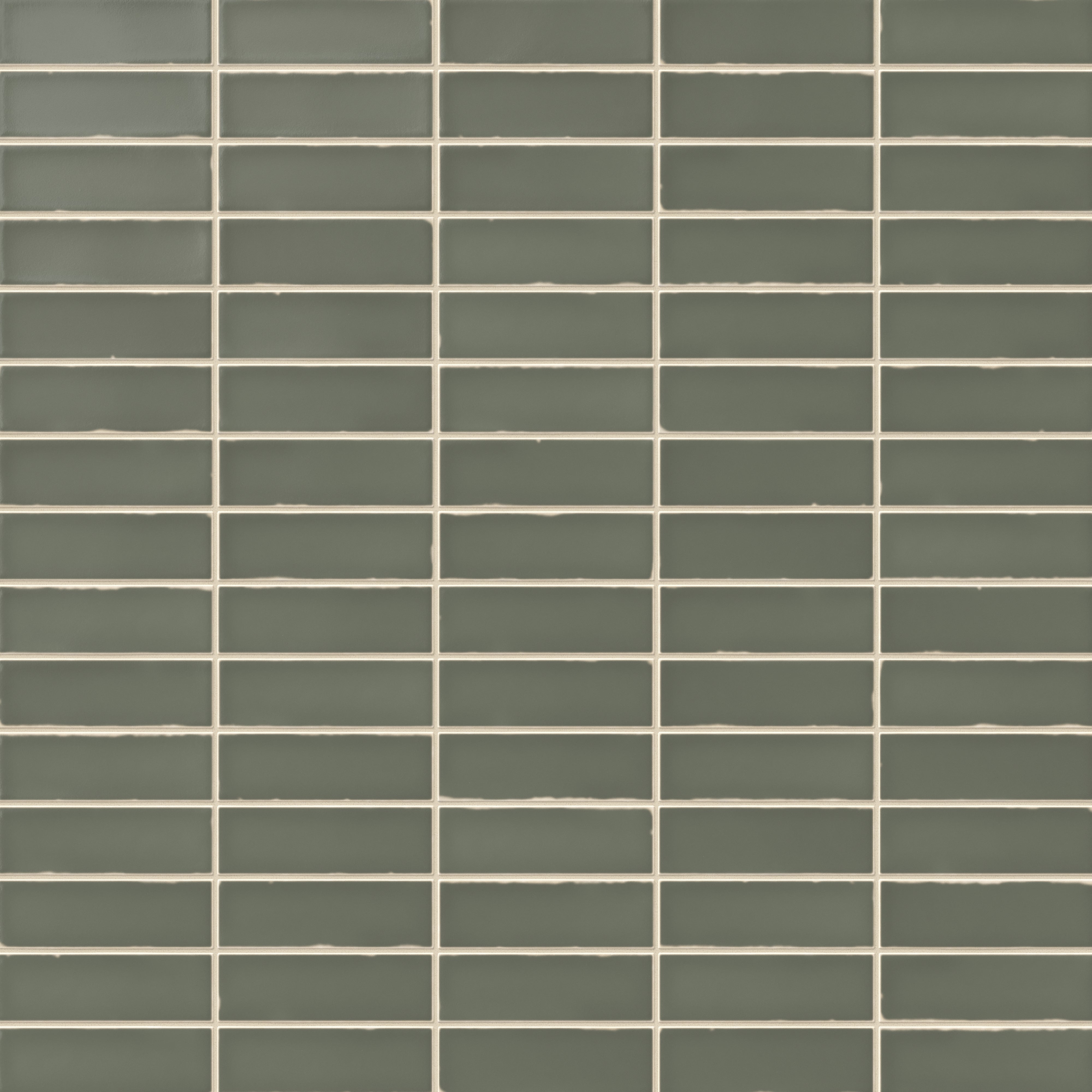 A 1.6x5 ceramic subway tile in muted green, featuring a matte finish, and a clean stacked layout with fine grout lines.