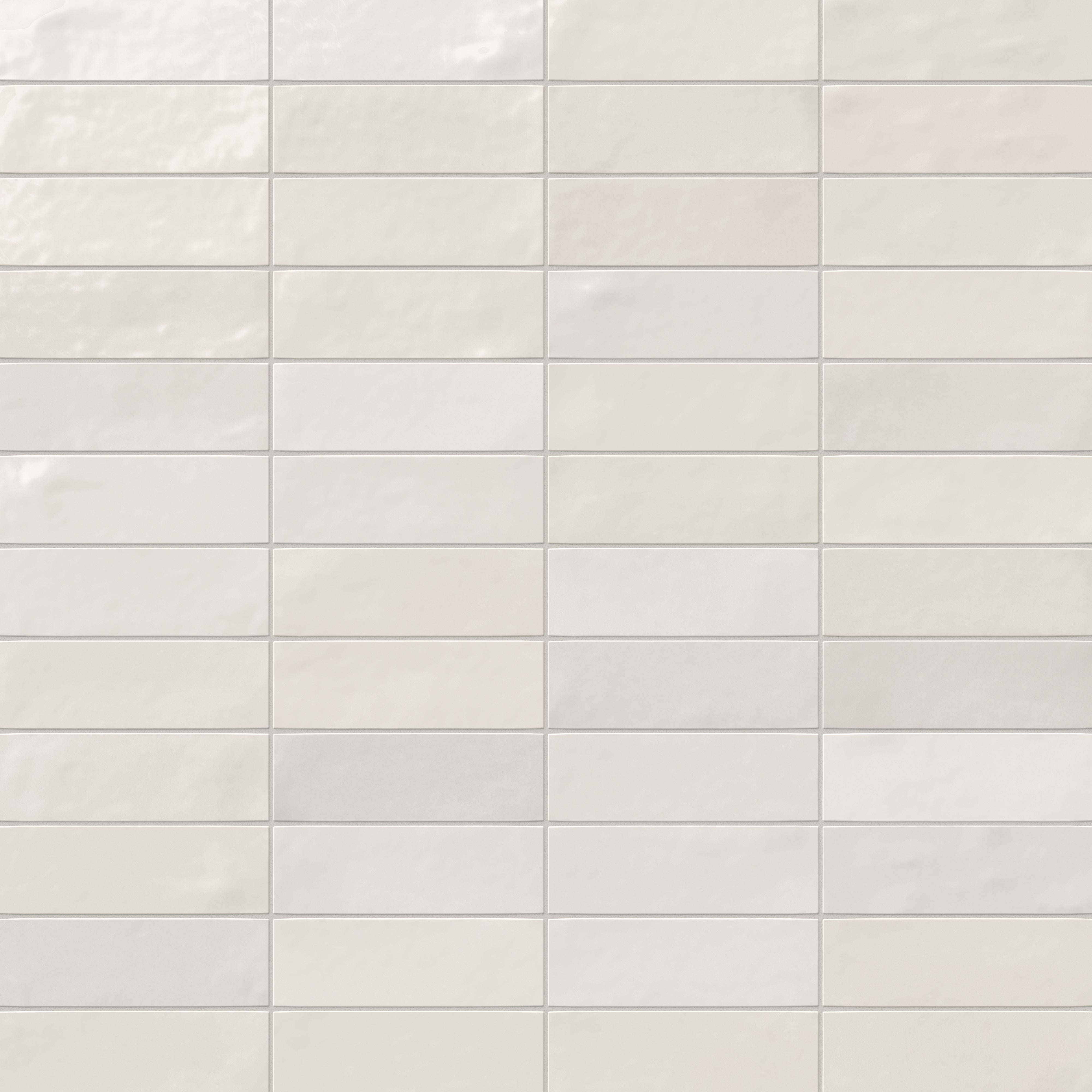 Jojo subway tile in Ivory arranged in a horizontal stacked layout, highlighting its glossy finish and contemporary style