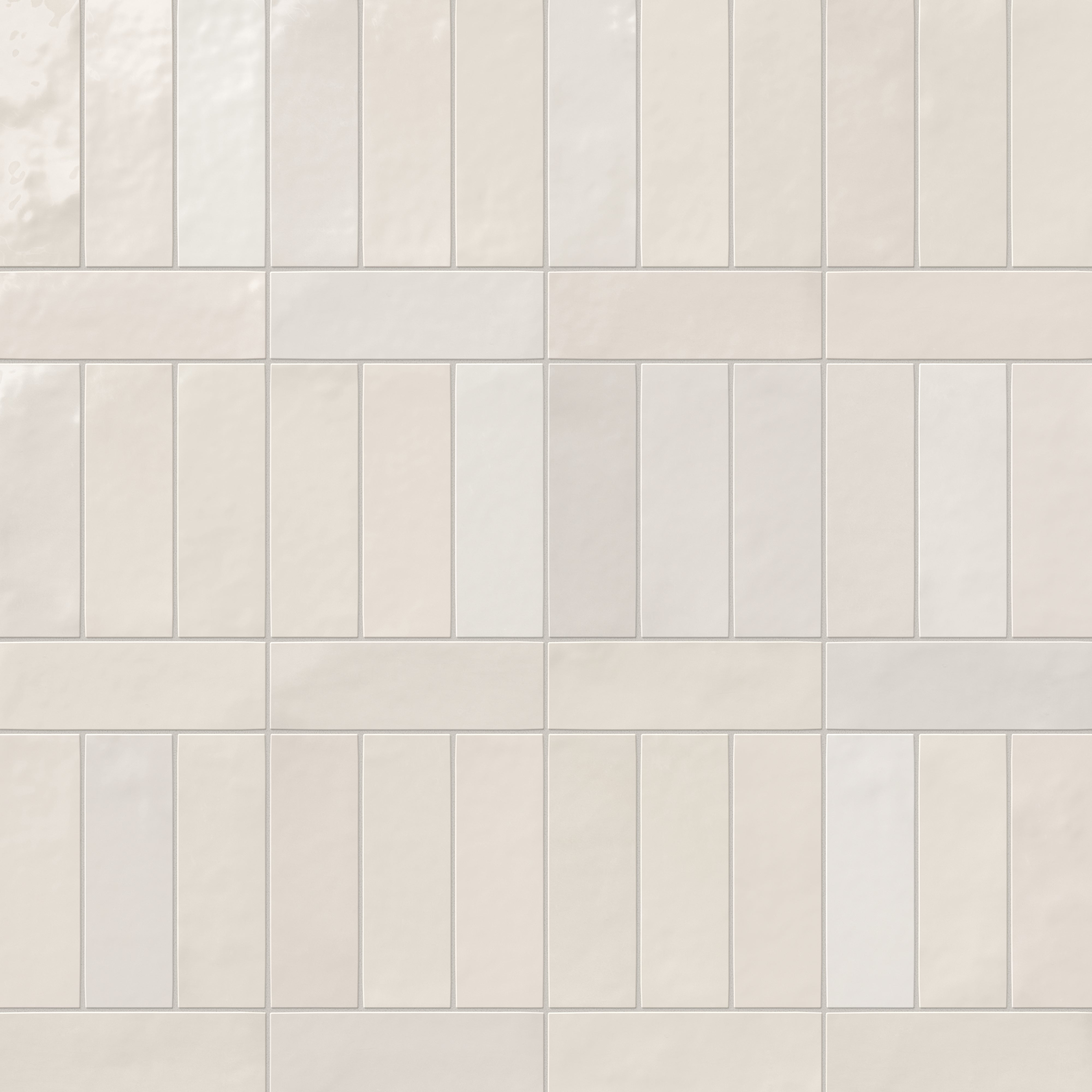 Jojo subway tile in Ivory styled in a basketweave block pattern, featuring a glossy finish and structured, modern design