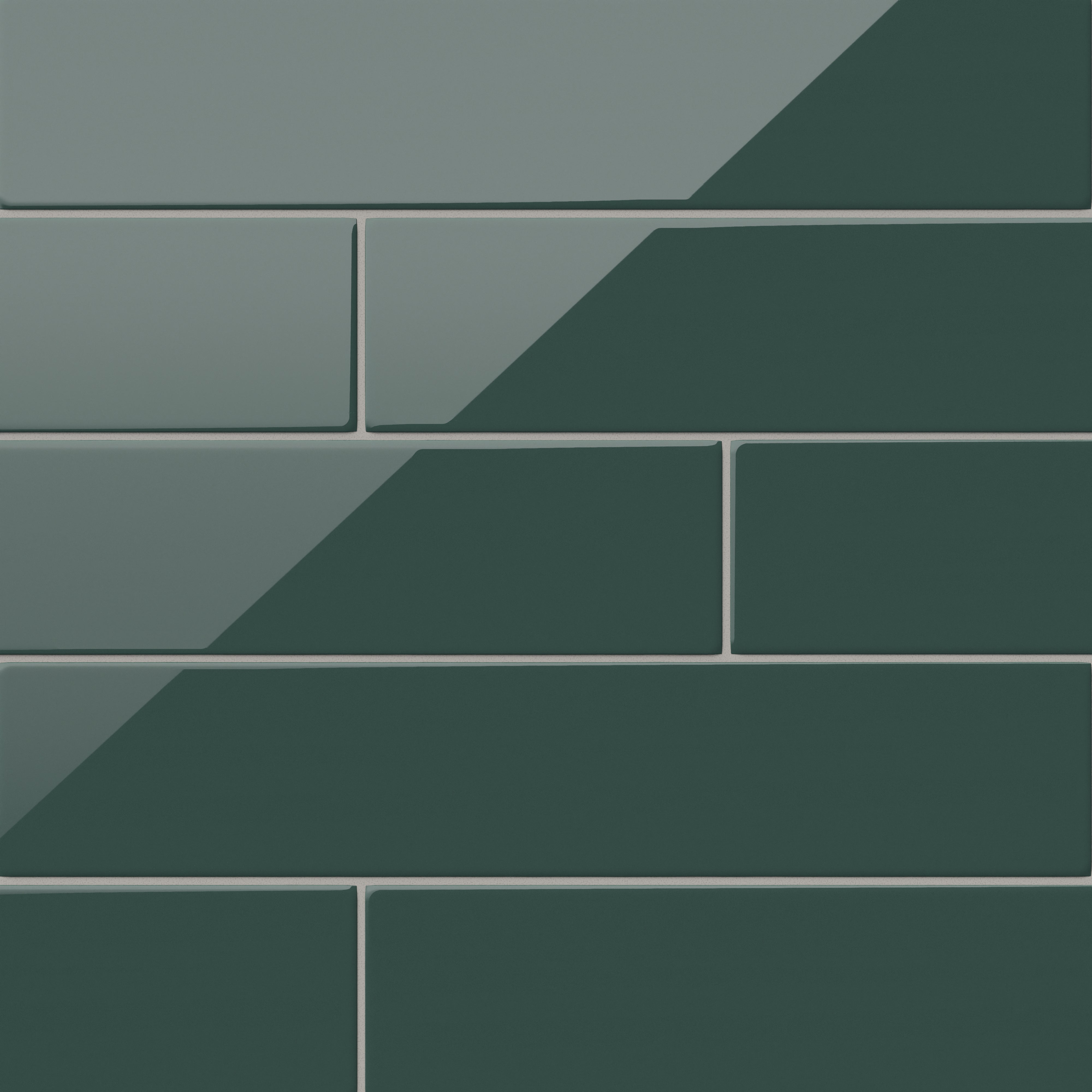 A 4x21 ceramic subway tile in forest green, featuring a glossy finish and staggered brick layout with fine grout lines.