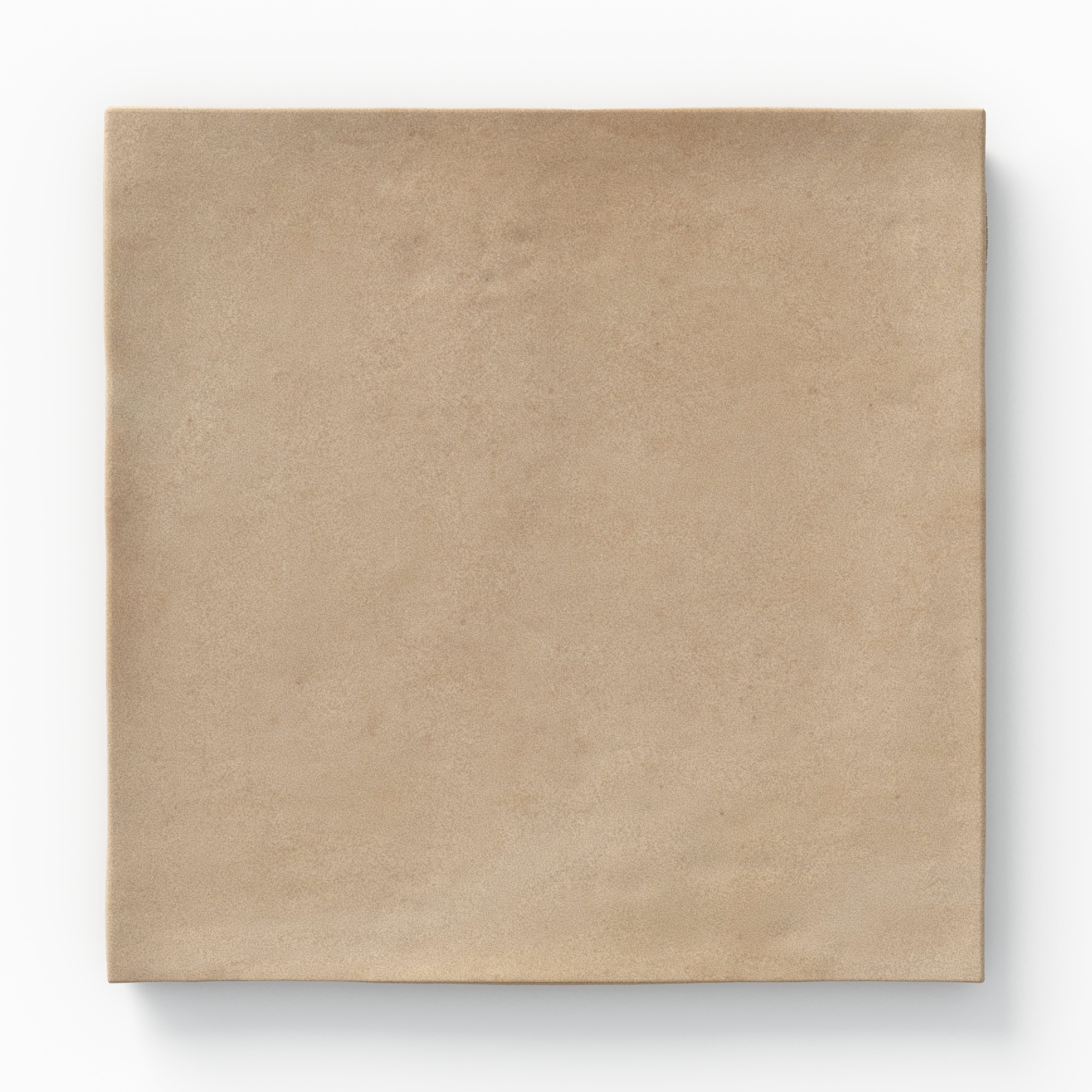 A 5.5x5.5 porcelain square tile in sandy beige, featuring a matte finish, and a handcrafted, subtly textured surface.