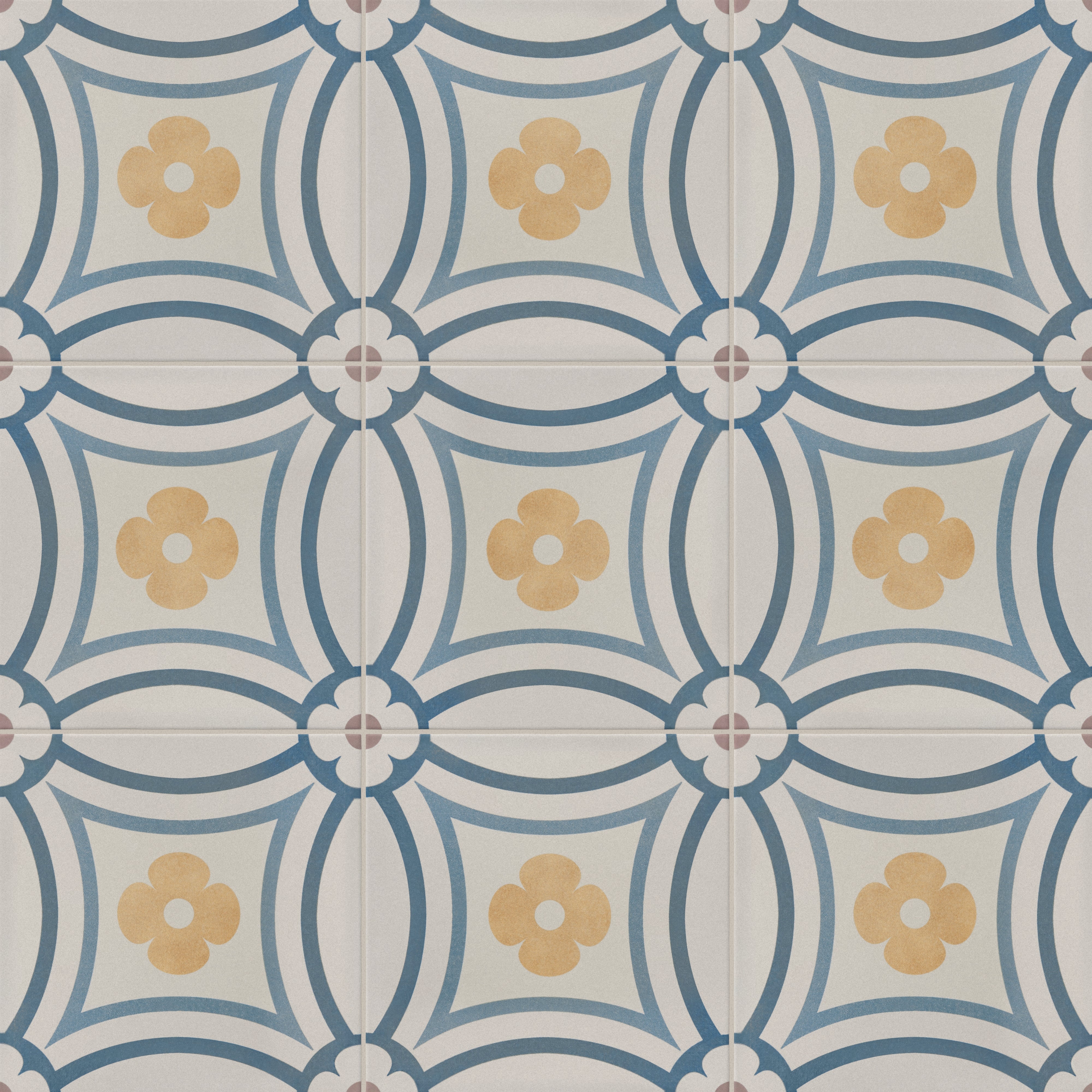 An 8x8 matte porcelain decorative tile featuring patterned golden quatrefoil flowers framed by layered blue arches and soft scalloped corners.