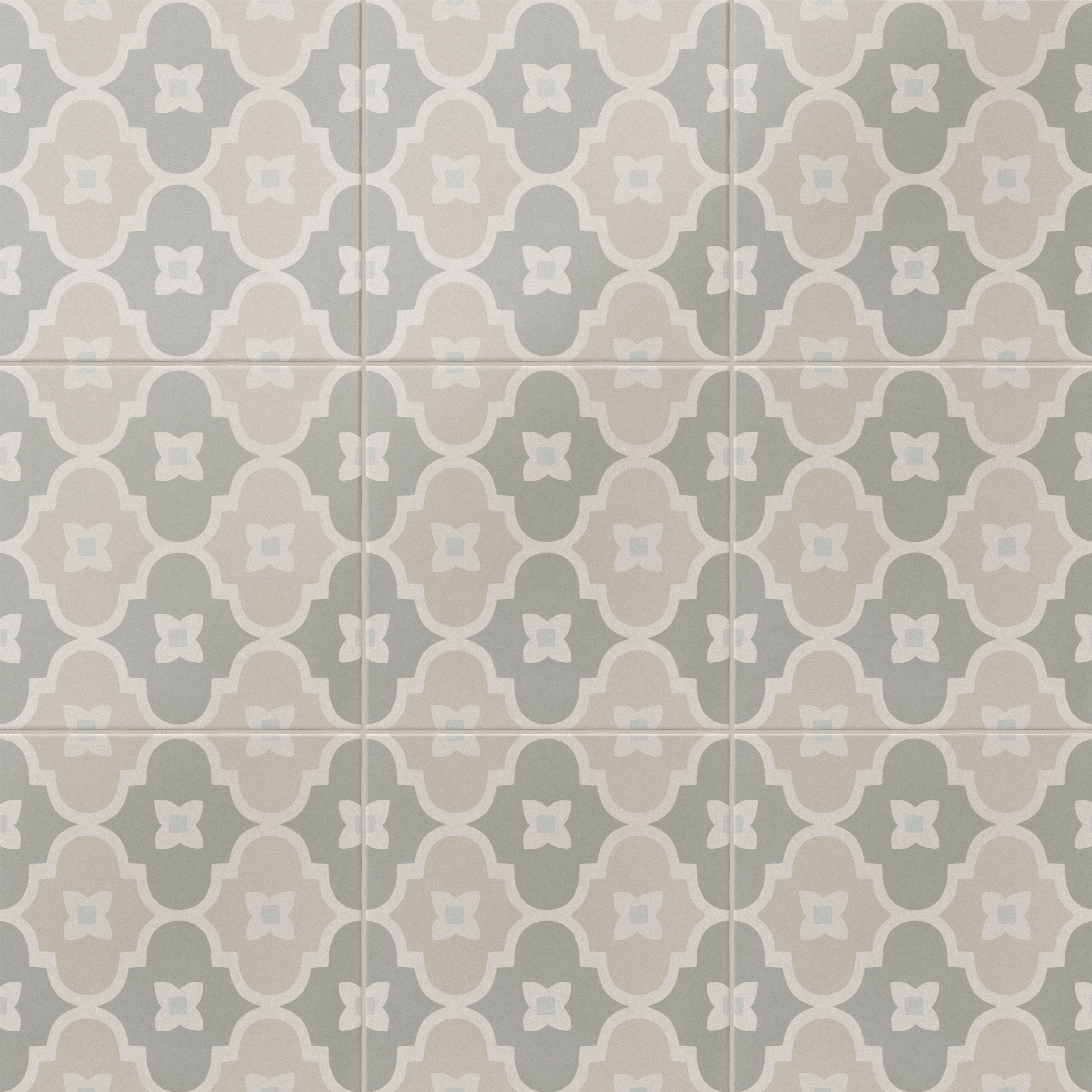 An 8x8 matte porcelain decorative tile featuring a seamless pattern of taupe and green ogee shapes with off-white outlines and centered four-petal floral accents.