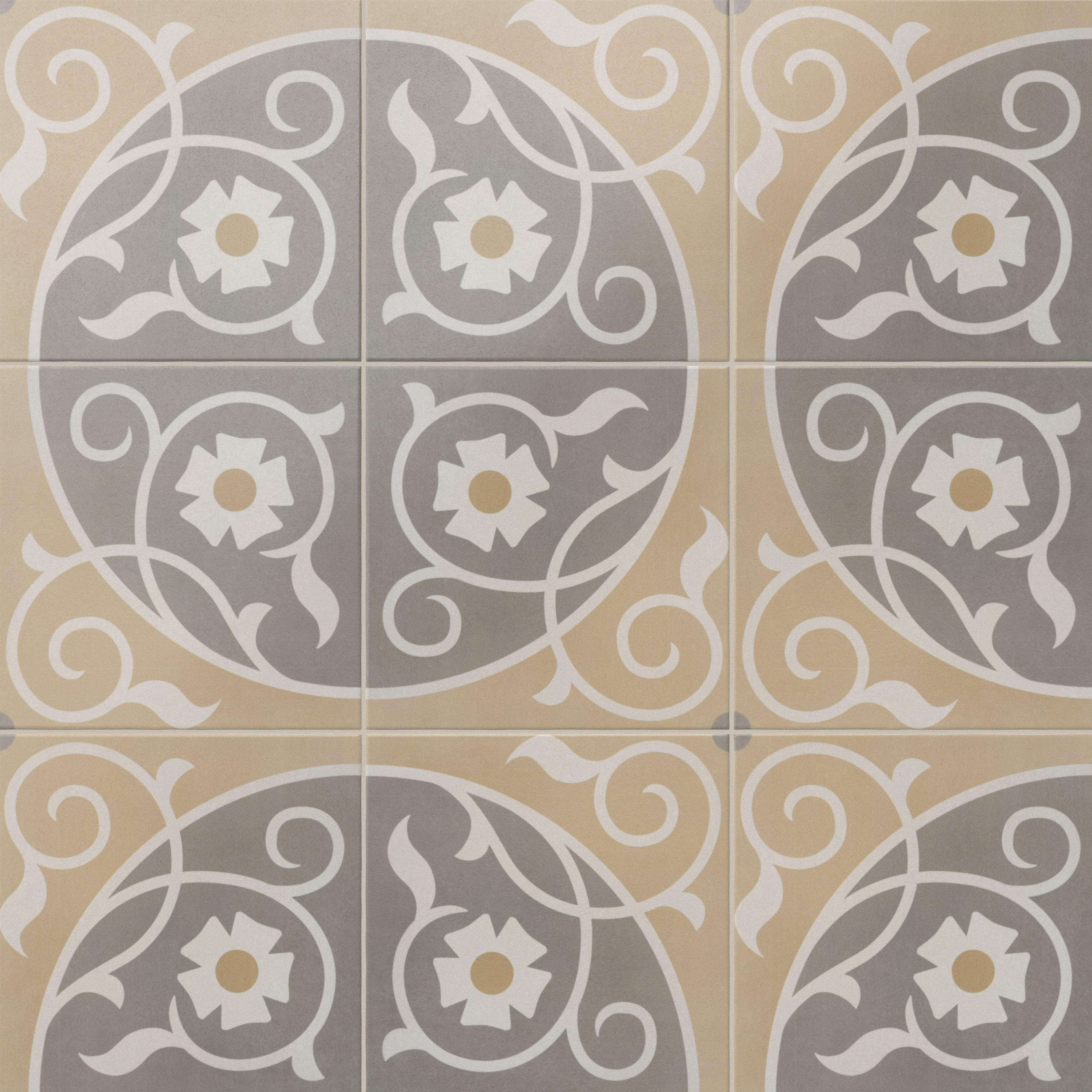 An 8x8 matte porcelain decorative tile featuring floral patterns in soft beige and gray, arranged in a circular quadrant with off-white scrollwork and golden-centered daisies.