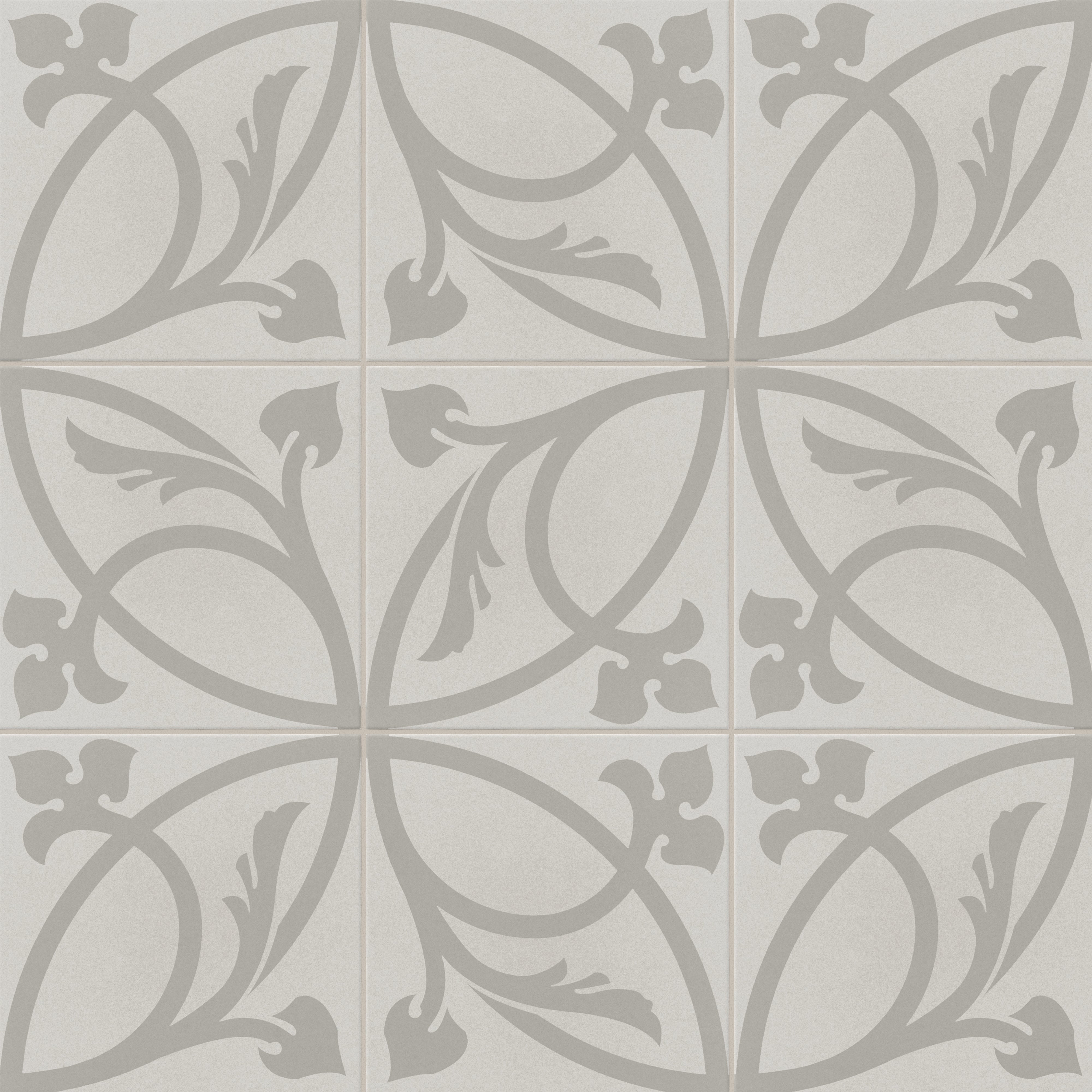 An 8x8 matte porcelain decorative tile in soft grey, arranged in a mirrored floral pattern with elegant petal-like curves and tonal botanical silhouettes