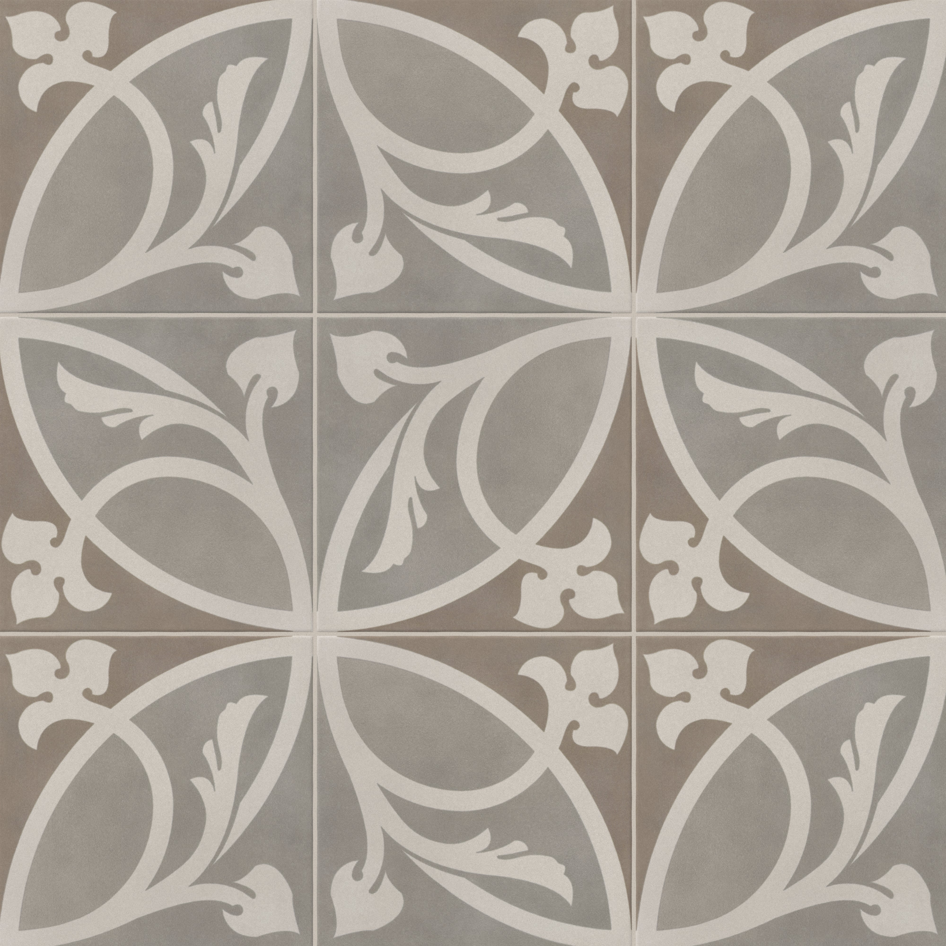 An 8x8 matte porcelain decorative tile in taupe and gray, arranged in a floral quadrant that forms a graceful, symmetrical petal motif with pale botanical curves.