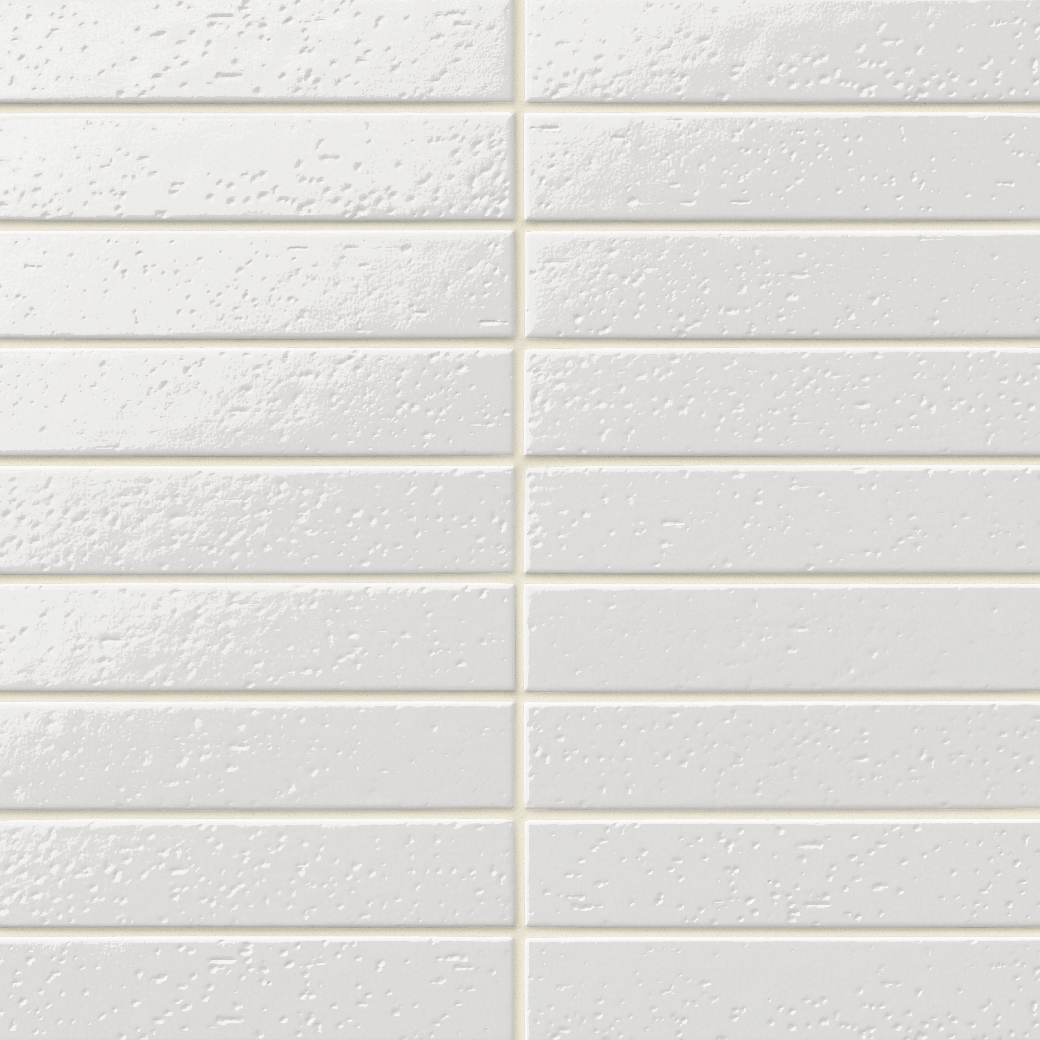 Glossy white 2x10 subway tile with a handcrafted look, featuring subtle surface texture and a clean stacked layout.