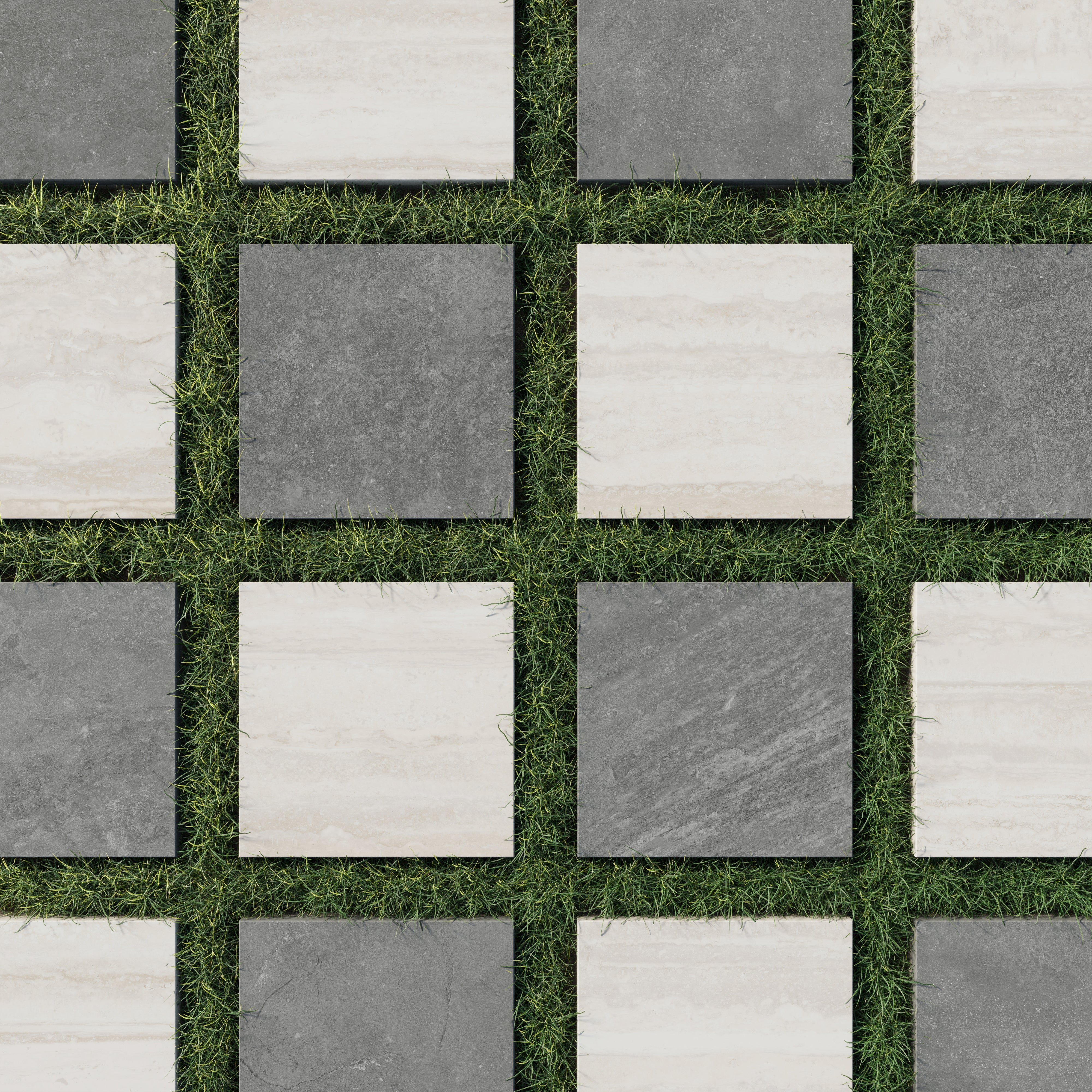 Checkerboard layout of dark gray and beige porcelain pavers set in grass, blending stone look elegance with outdoor durability.
