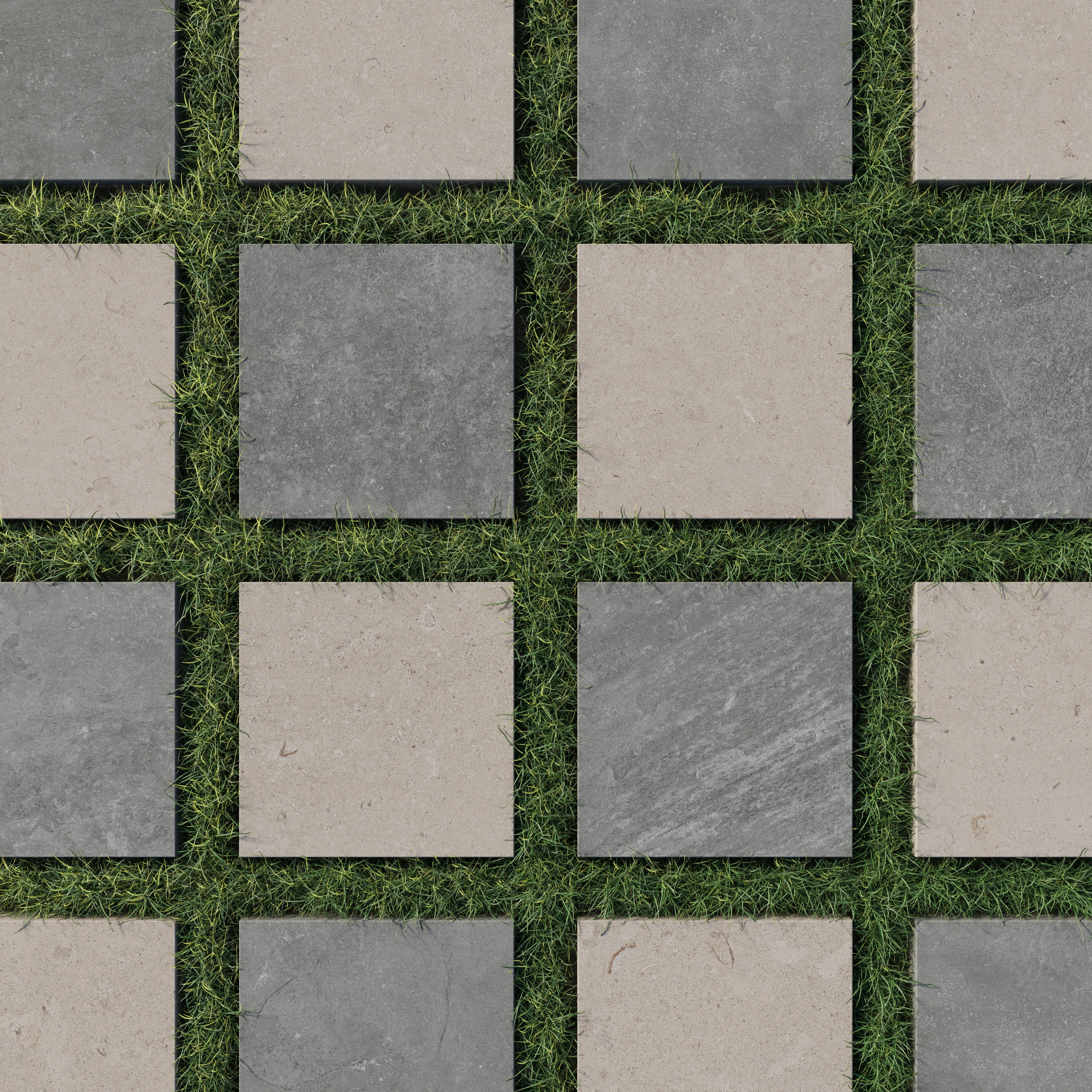Checkerboard porcelain pavers in dark gray and light brown set in grass, offering a natural stone look with earthy, slip-resistant appeal.