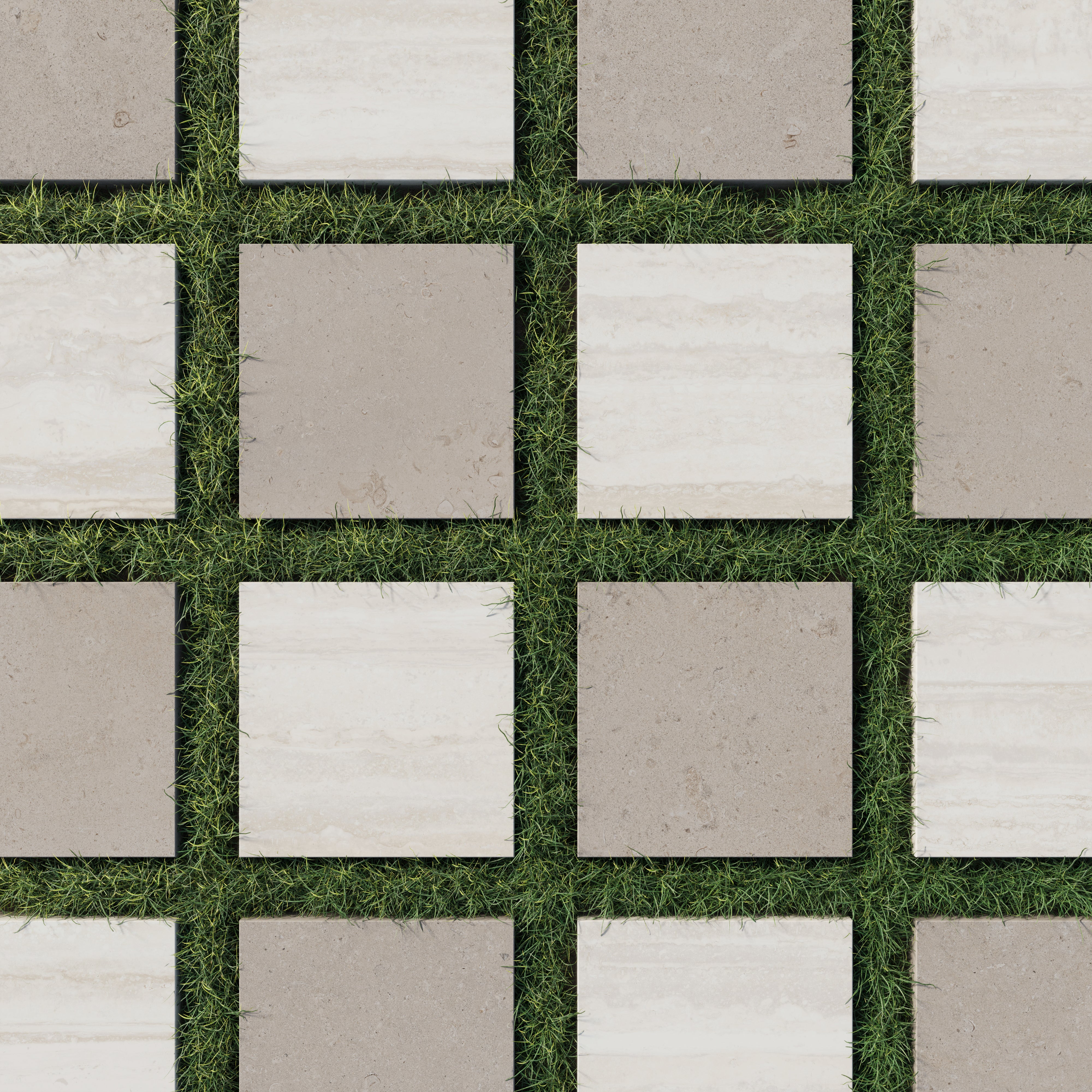 Checkerboard porcelain pavers in beige and light brown set in grass, blending stone look texture with earthy, low-maintenance charm.