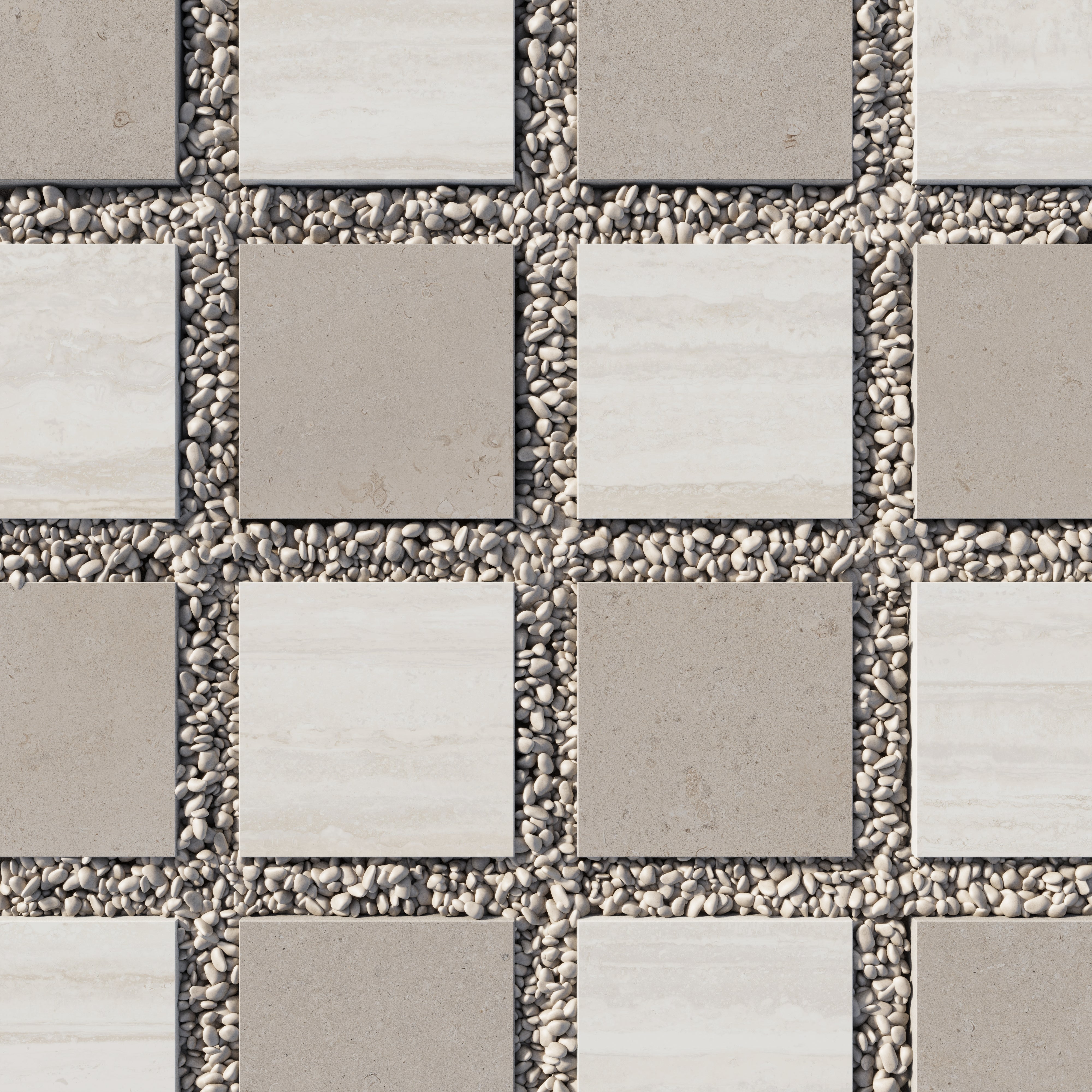 Checkerboard porcelain pavers in beige and light brown set in white gravel, offering a natural stone look with clean, earthy contrast.