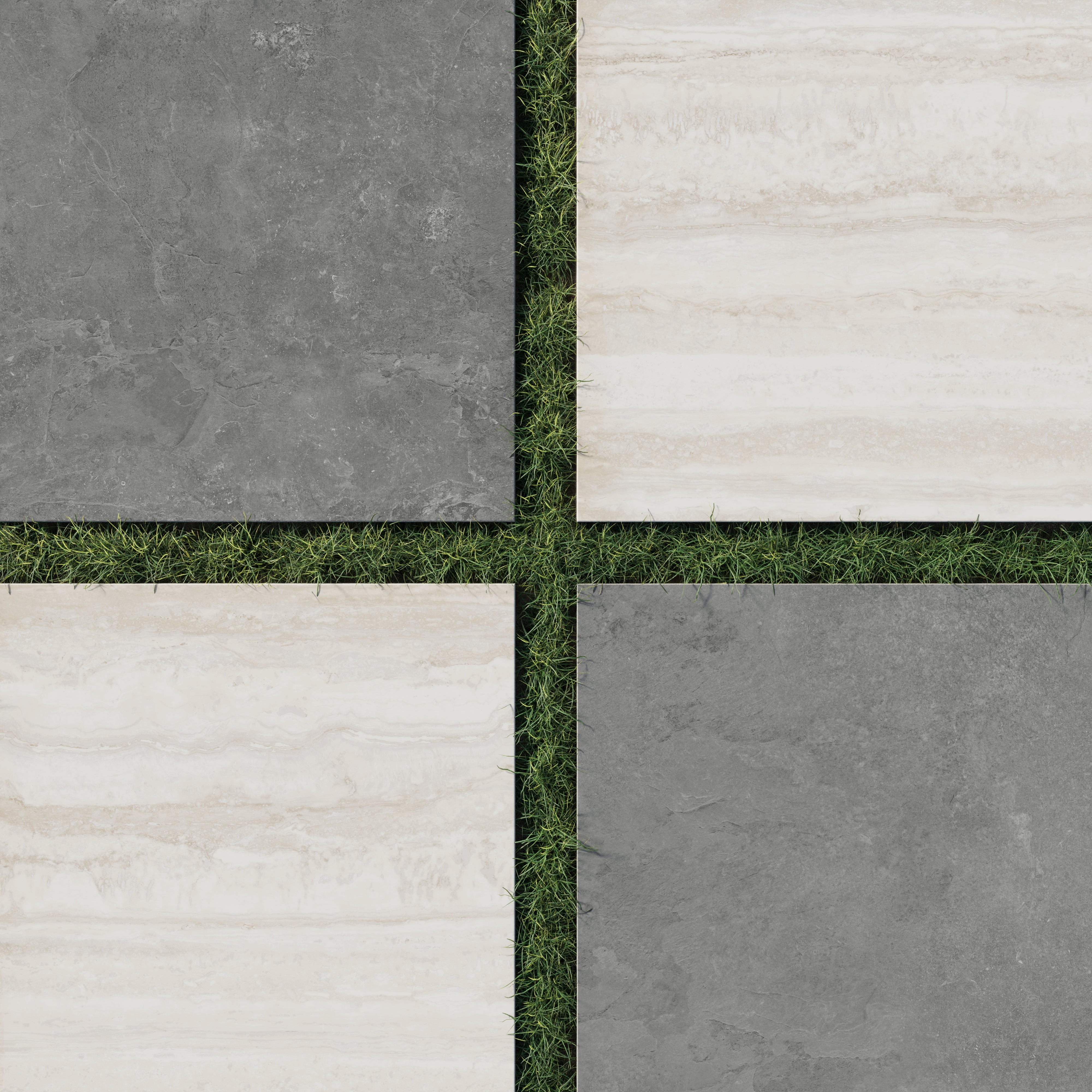 Large format porcelain pavers in dark gray and beige set in grass, featuring a stone look checkerboard design with bold scale and natural texture.