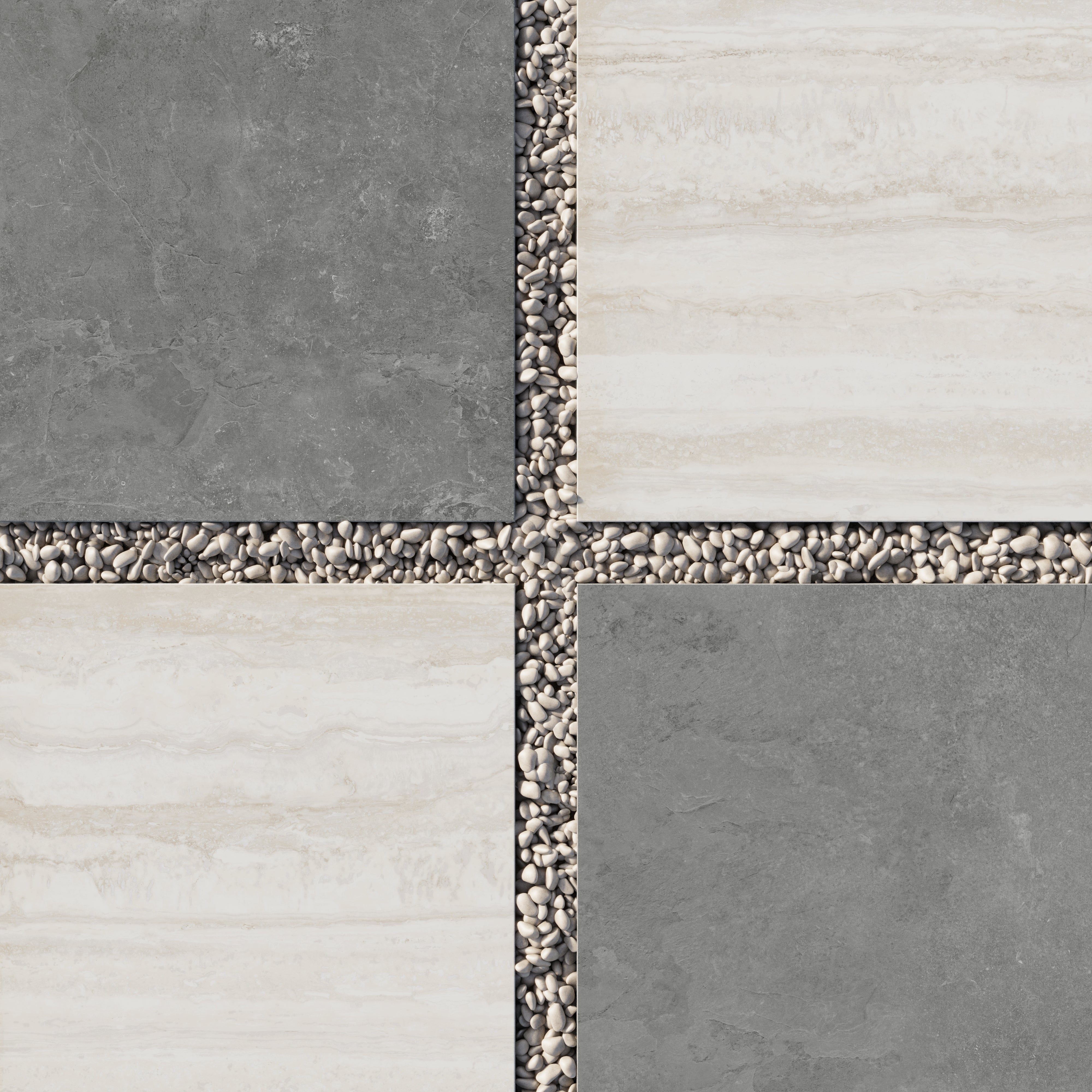 Large format porcelain pavers in dark gray and beige set in white gravel, featuring a bold checkerboard layout with a natural stone look finish.