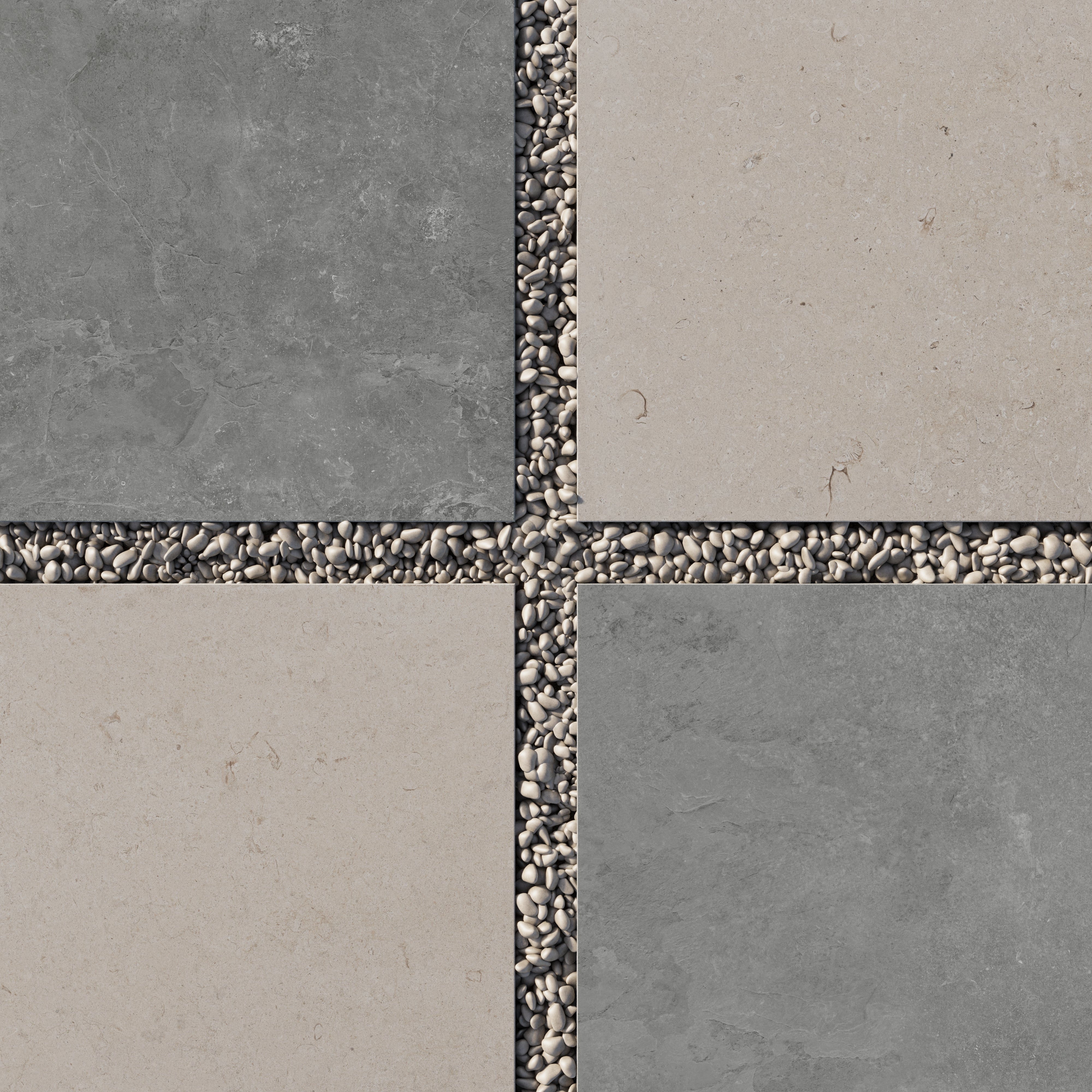 Large format porcelain pavers in dark gray and light brown set in white gravel, creating a bold, stone look checkerboard with natural texture and grip.