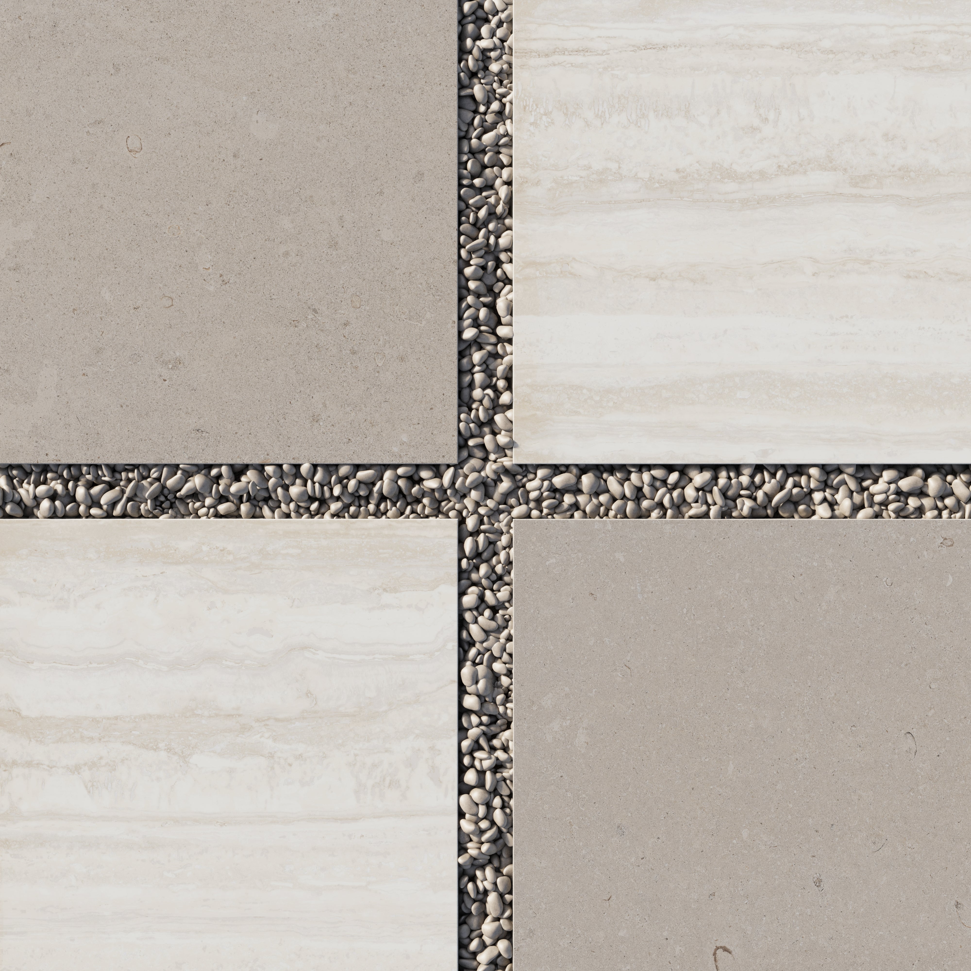 Large format porcelain pavers in beige and light brown set in white gravel, creating a warm stone look checkerboard with natural depth and durability.