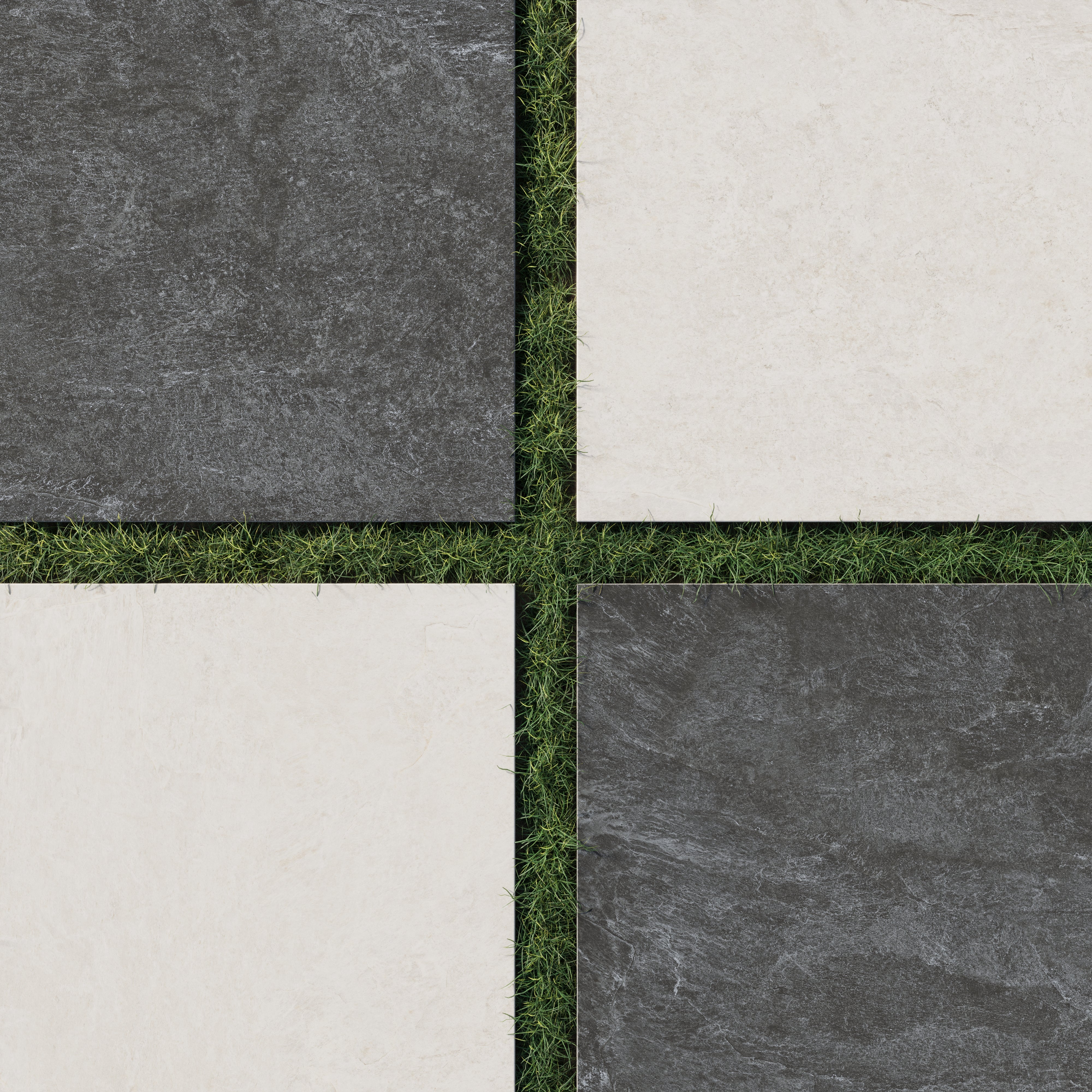 Outdoor layout with 24x24 checkerboard grip porcelain paver tile in 2cm thick dark gray and light cream tones set over natural green grass